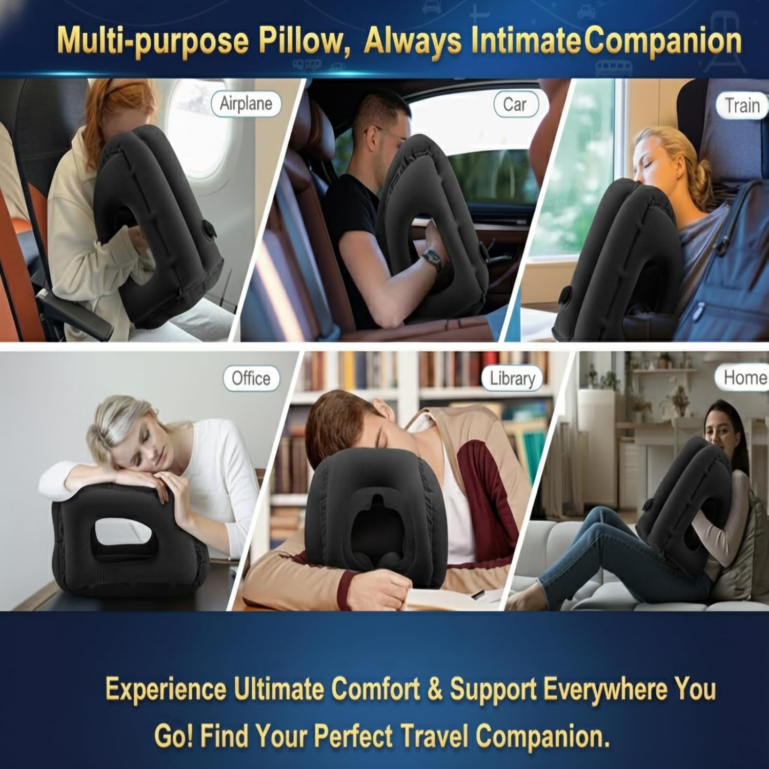 Inflatable Travel Pillows for Airplanes, Blow Up Travel Pillow for Train Office Car with Chin and Neck Support, Travel Pillow for Sleep Support with Eye Mask,Storage Bag & Earplugs (Navy Blue) - Image 5