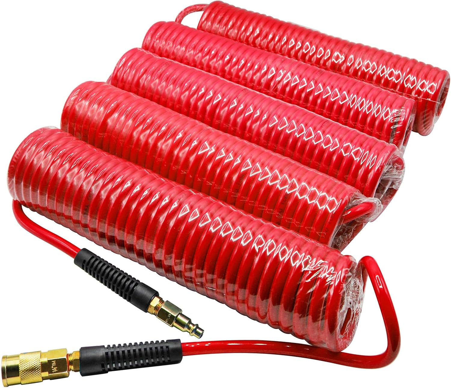YOTOO 5 Pack Polyurethane Recoil Air Hose, Air Compressor Hose 1/4" Inner Diameter by 25' Long with Bend Restrictor, 1/4" Industrial Quick Coupler and Plug, Red