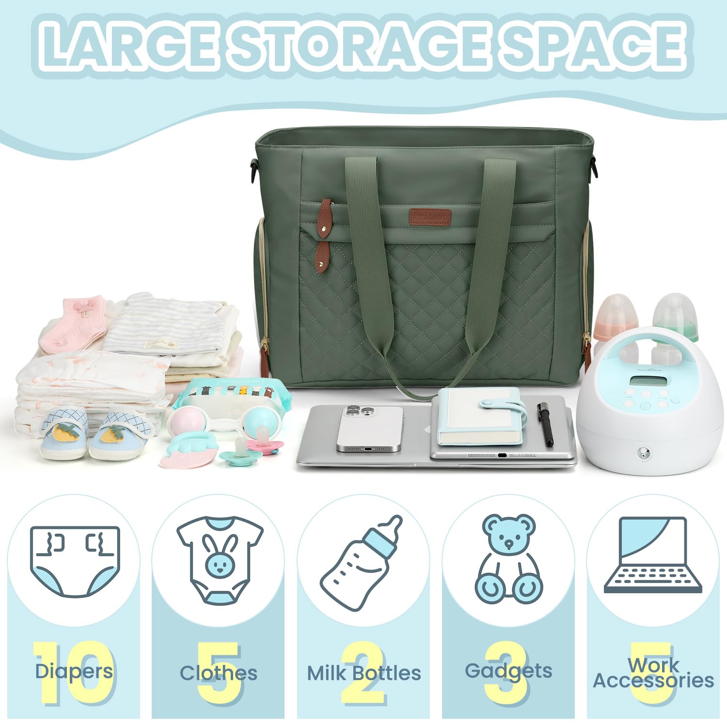 Diaper Bag Tote for Working Mom, Large Travel Diaper Tote for Mom and Dad with 14 Inch Laptop Sleeve, Mommy Maternity Travel Baby Bag for Boys and Girls, Green - Image 3
