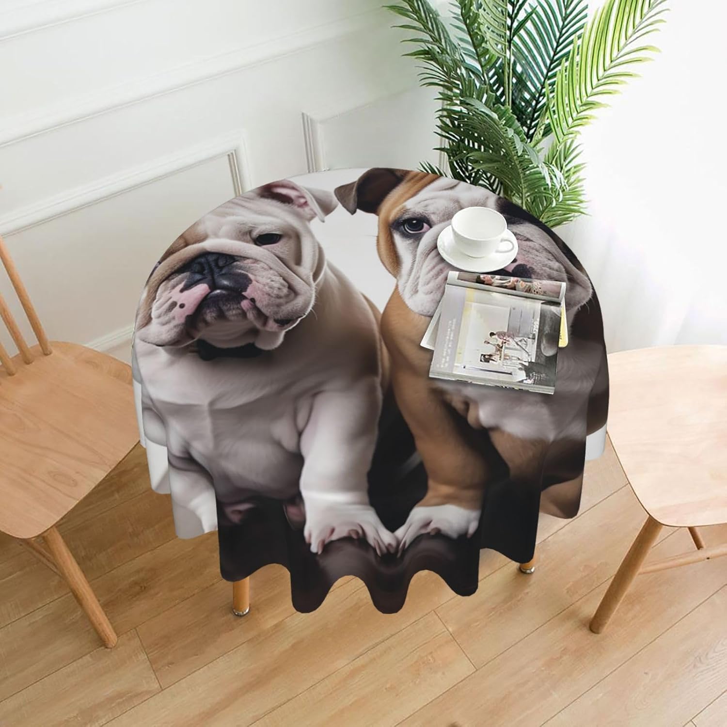 Round Tablecloth for Dining Table 60 Inch Fabric Table Cover Two Cute Bulldog Dogs Water Resistant Circular Table Cloth for Kitchen Farmhouse Decorative Tables Cloth Cover