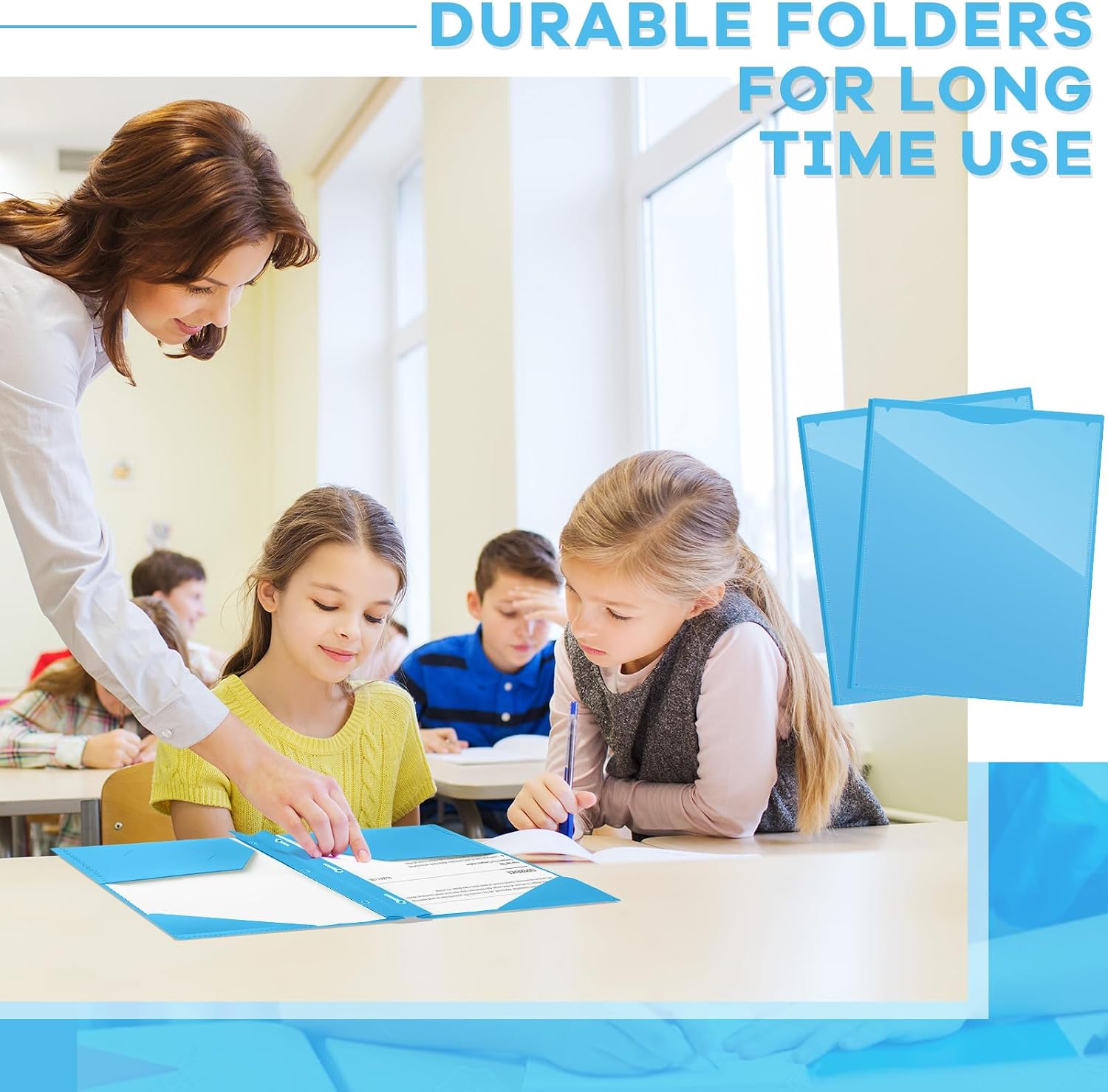 Henoyso 36 Pcs Plastic Folder with Clear Front Pocket and 3 Prong Plastic Folders with Card Slot Pocket Folders with Prongs for School Office (Lake Blue)