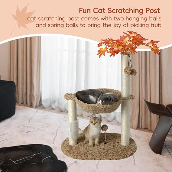MECOOL Cat Tree Tower 32 Tall Scratching Post with Large Hammcok for Indoor Cats,Self-Massage Bursh Hanging Ball Toys,Maple,Beige