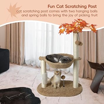 MECOOL Cat Tree Tower 32 Tall Scratching Post with Large Hammcok for Indoor Cats,Self-Massage Bursh Hanging Ball Toys,Maple,Beige