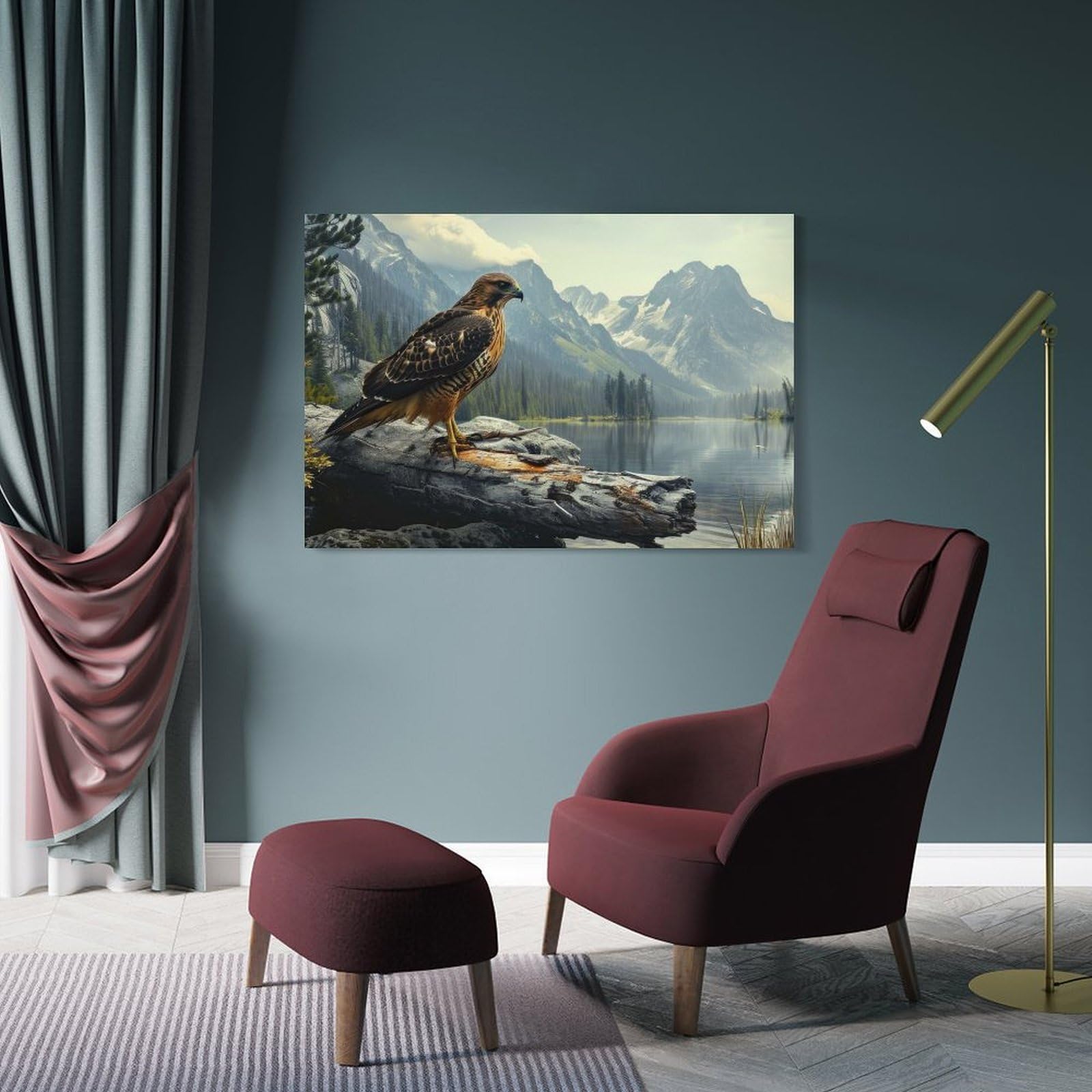 Junmoney Wall Picture Print Hawk On A Log Mountains, 20x30inch(50x75cm), for Lounge, Bedroom Or Personal Spaces, Canvas Artwork with Gifting Potential