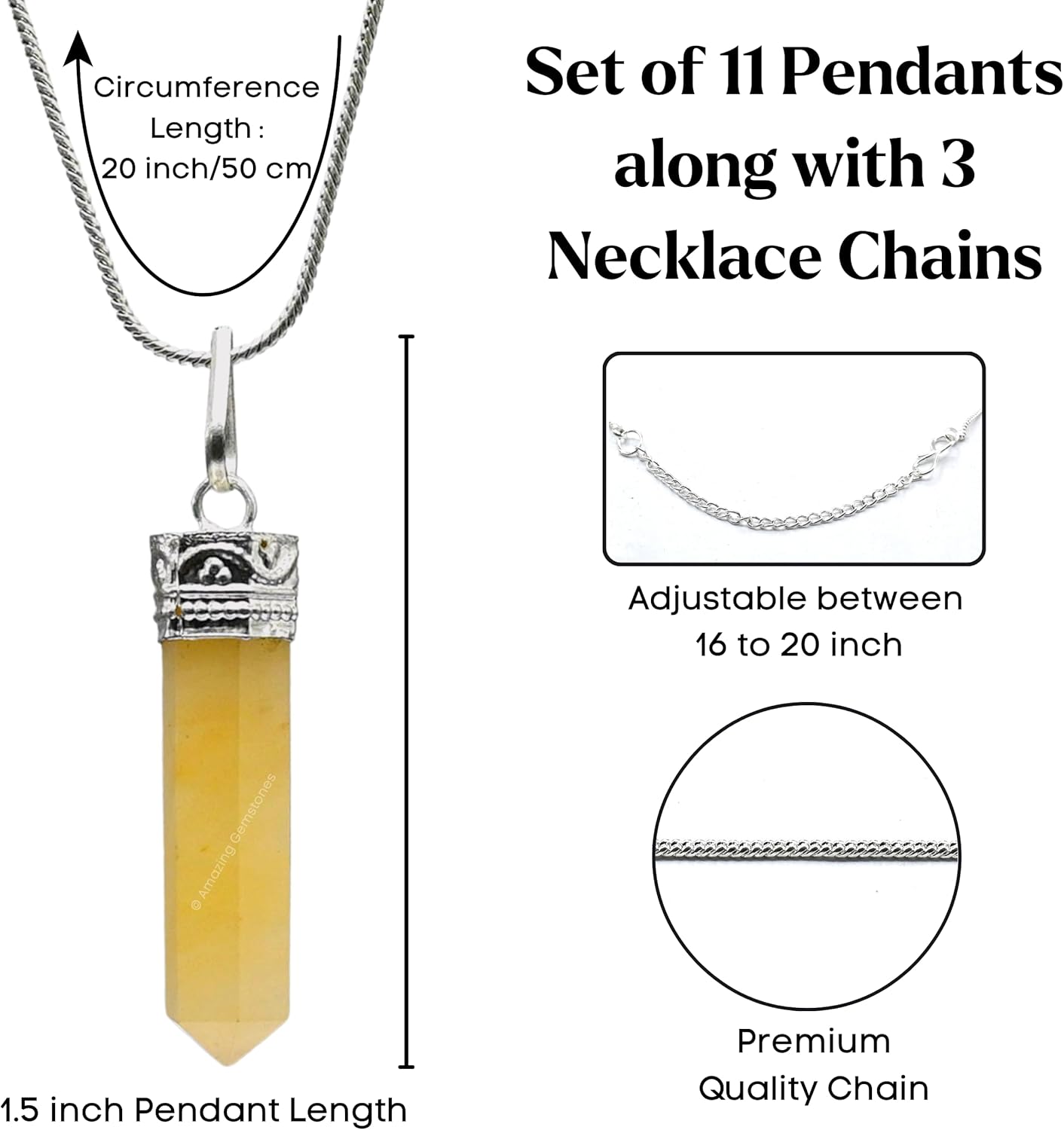 Amazing Gemstone Pack of 11 Crystal Necklace Points Healing Stones - Wholesale Bulk Crystals Pendant Necklace of Natural Stone for Protection, Chakra Balancing and Crystal Healing