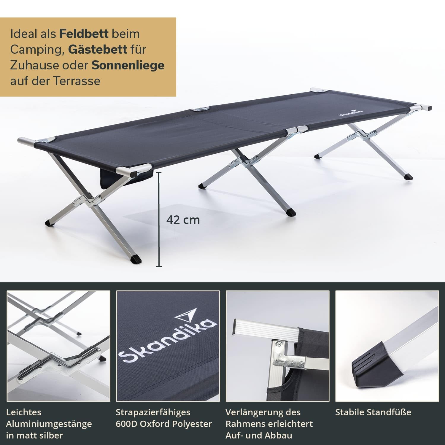 Skandika Campingliege Vuoma Klappbare Sonnenliege 200 kg 210 x 75 cm Anti-Rutsch-Füße Tragetasche