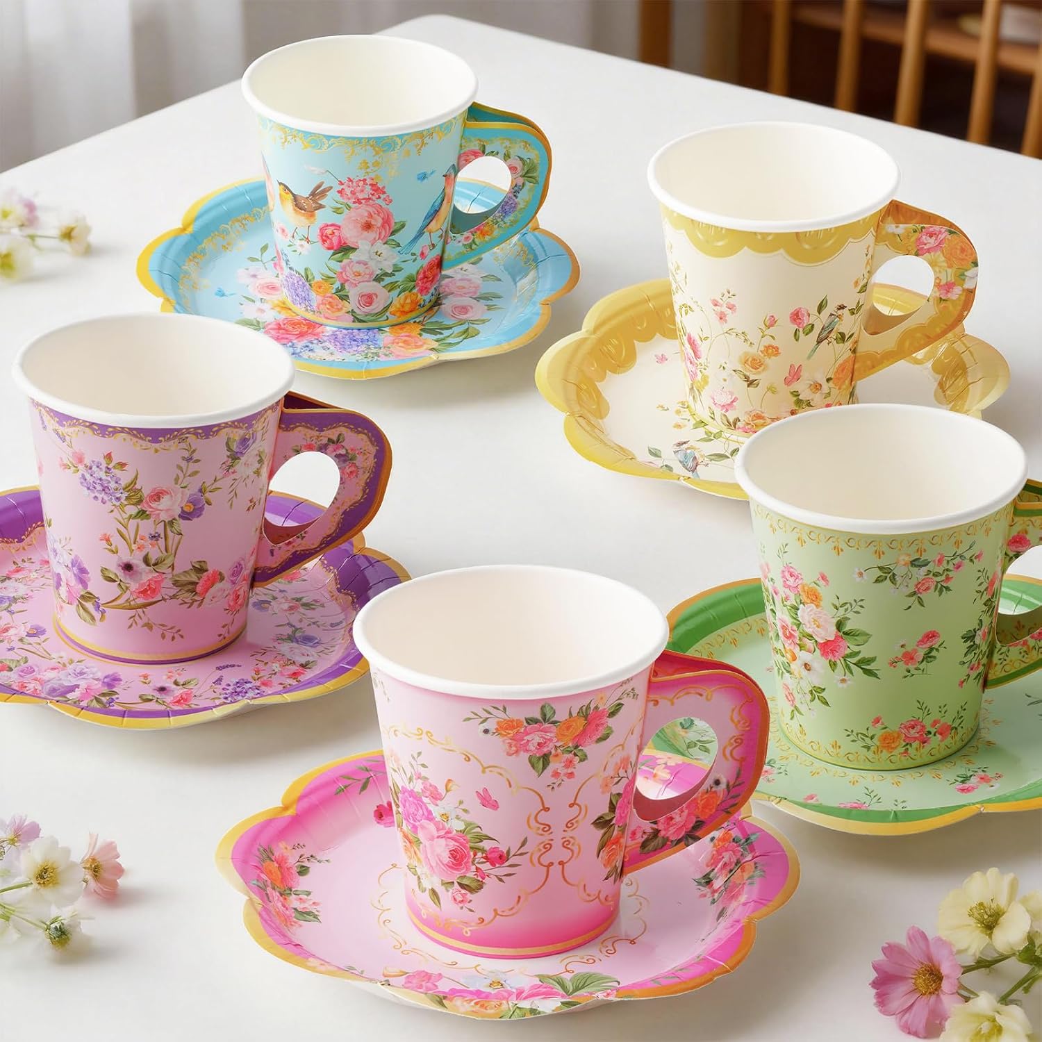 Disposable Tea Cups and Saucers, Floral Paper Tea Cups and Plates Serves 40