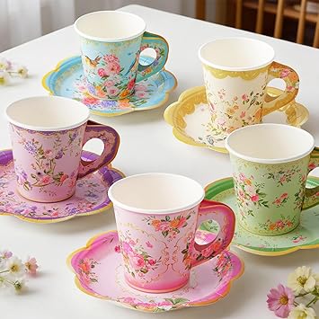 HOMIX Disposable Tea Cups and Saucers, Floral Paper Tea Cups and Plates for Tea Party Decorations, with Handles, 7oz Capacity for 40 Guests