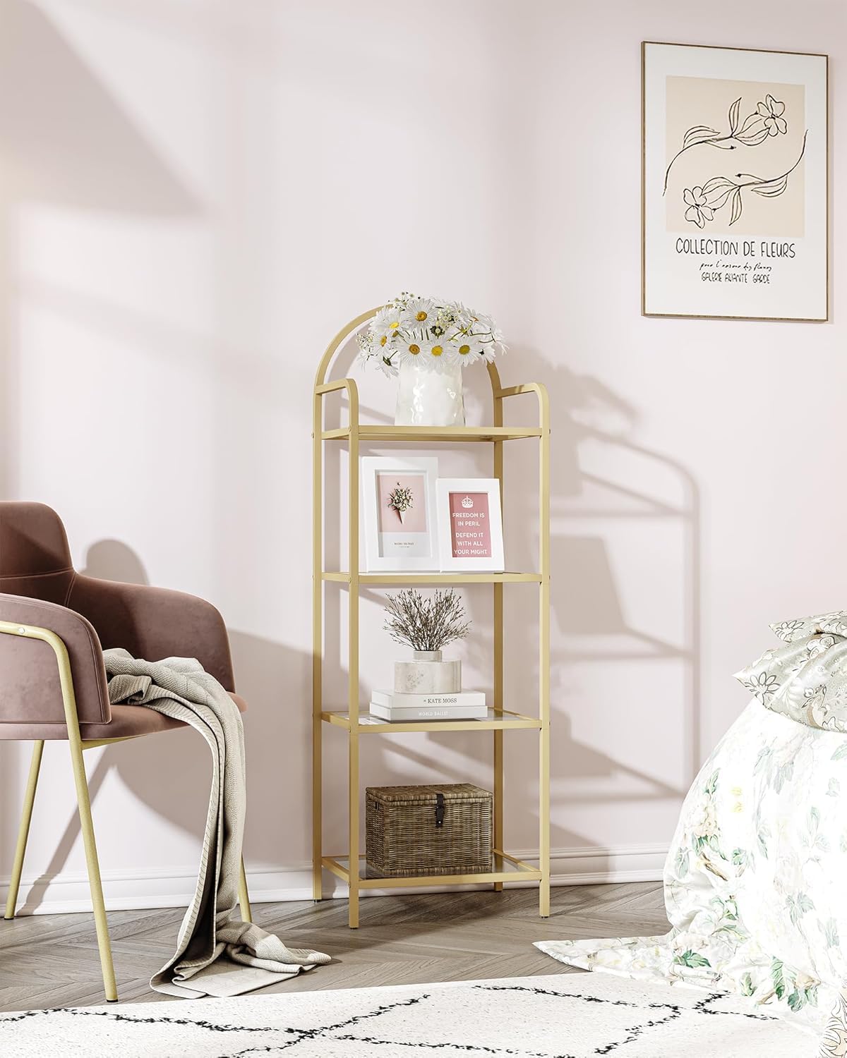 Bookcase Bookshelf, Tempered Glass Bookshelves, Slim Shelving Unit for Bedroom, Bathroom, Home Office, Steel Frame, 4 Tier Gold BC04001G - Image 8