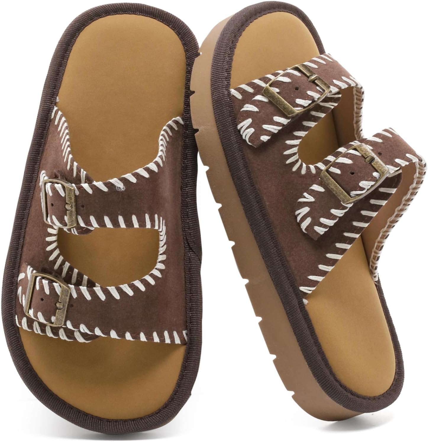 Kids Double Buckle Slide Sandals, Boys Girls Cork Footbed Casual Slides, Adjustable Buckle Open Toe Sandals, Non Slip Brown Summer Slippers for Little Big Kids
