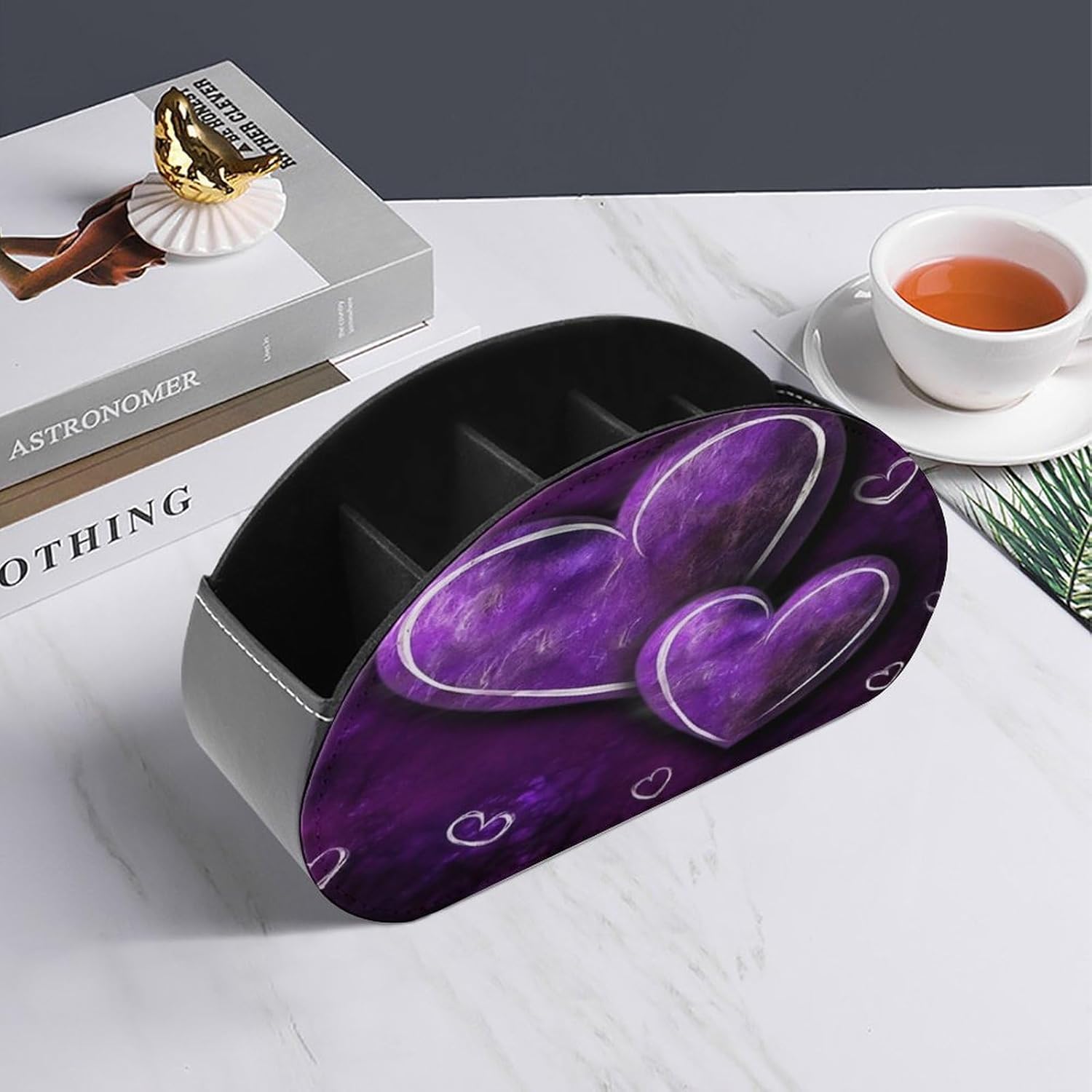 Pu Leather Remote Caddy Box Tray Remote Control Holder with 5 Compartments Purple Hearts Printed Bedside Table Desk Storage Organizer for Controllers And Cosmetics Office Supplies