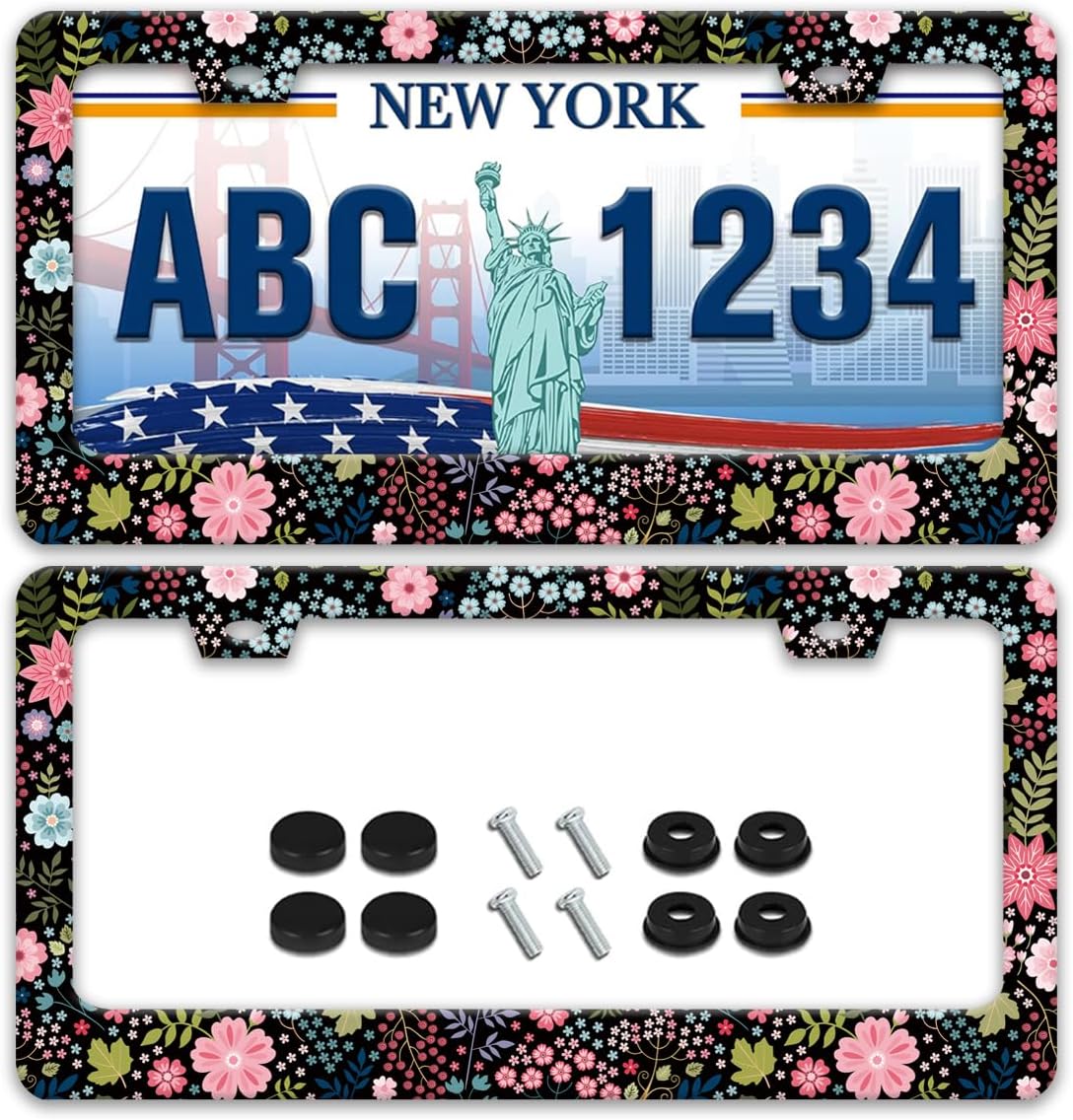 2Pcs Floral License Plate Frame Beautiful Flower Stainless Steel License Plate Frame Auto Parts Decoration with Screws 2 Holes License Plate Holder for Men Women 12x6 Inch