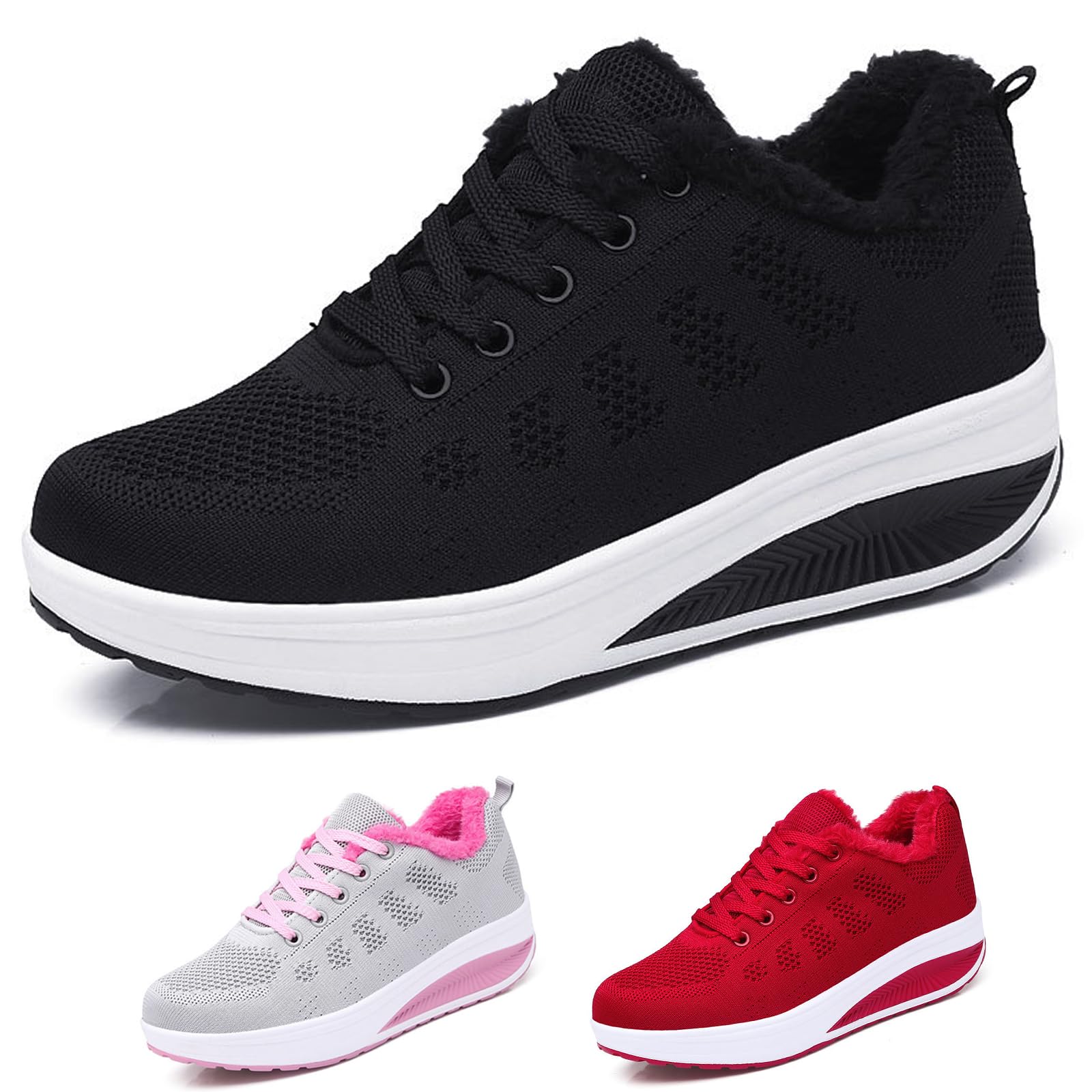 Galonfulty Women's Knitted mesh Winter Warm Fleece Sneakers with Arch Support Comfortable Heightening Chunky Casual Orthopedic Walking Shoes Outdoor Non-Slip Lightweight Running Shoes (Black,6)