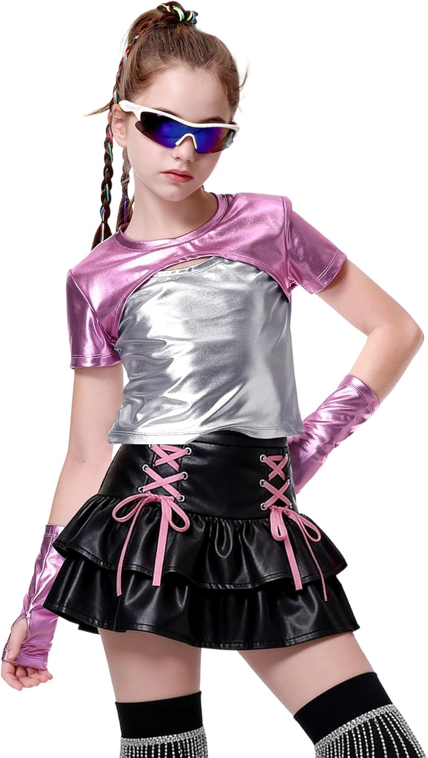 LOLANTA Girls Metallic Shirts with Arm Sleeves Slim Fit Stretchy Shiny Fake Two Piece Hip Hop Dance Top Festivals Party