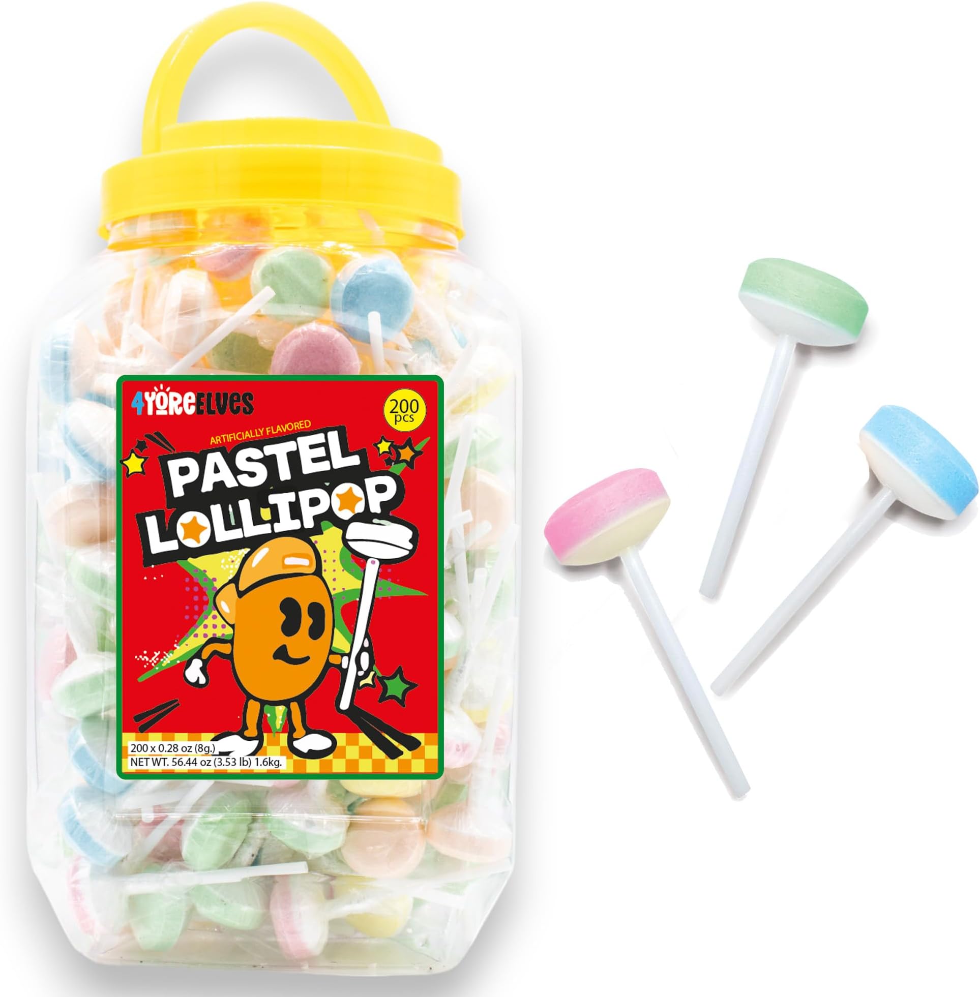Double Lollies, 3.5 lb of Bulk Fruit-Flavored Lollipops Individually Wrapped, Perfect for Retro Parties, Goody Bags and Sharing, Vintage Pastel Candy Bulk Tub of 200 Lollies, By 4YoreElves