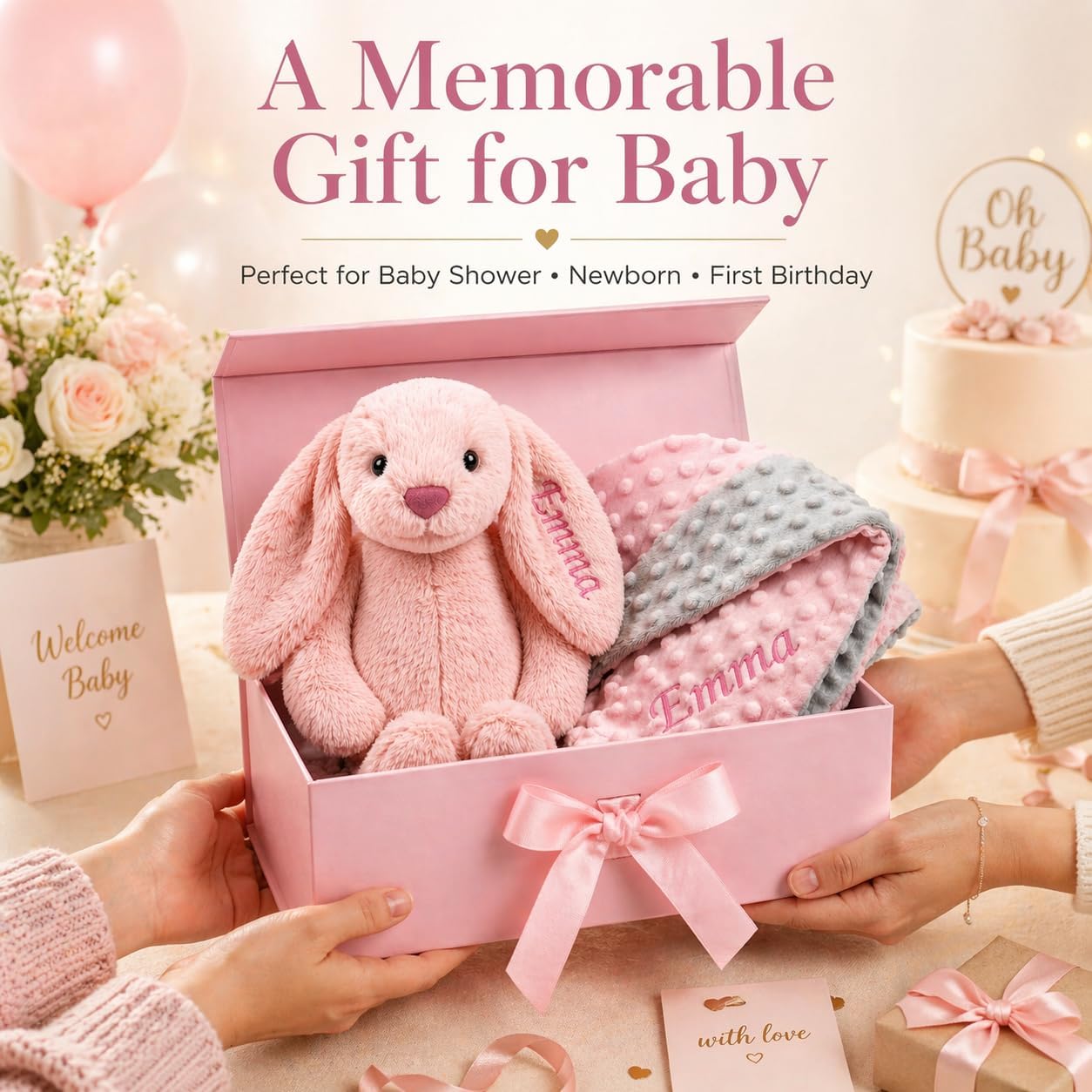 Terwex Personalized Baby Blanket & Plush Bunny Set, Custom Baby Blankets for Girls Boys with Name, Customized 2-in-1 Dot Receiving Swaddle & Rabbit Set, Toddler Infant Gifts for Baby Shower Birthday