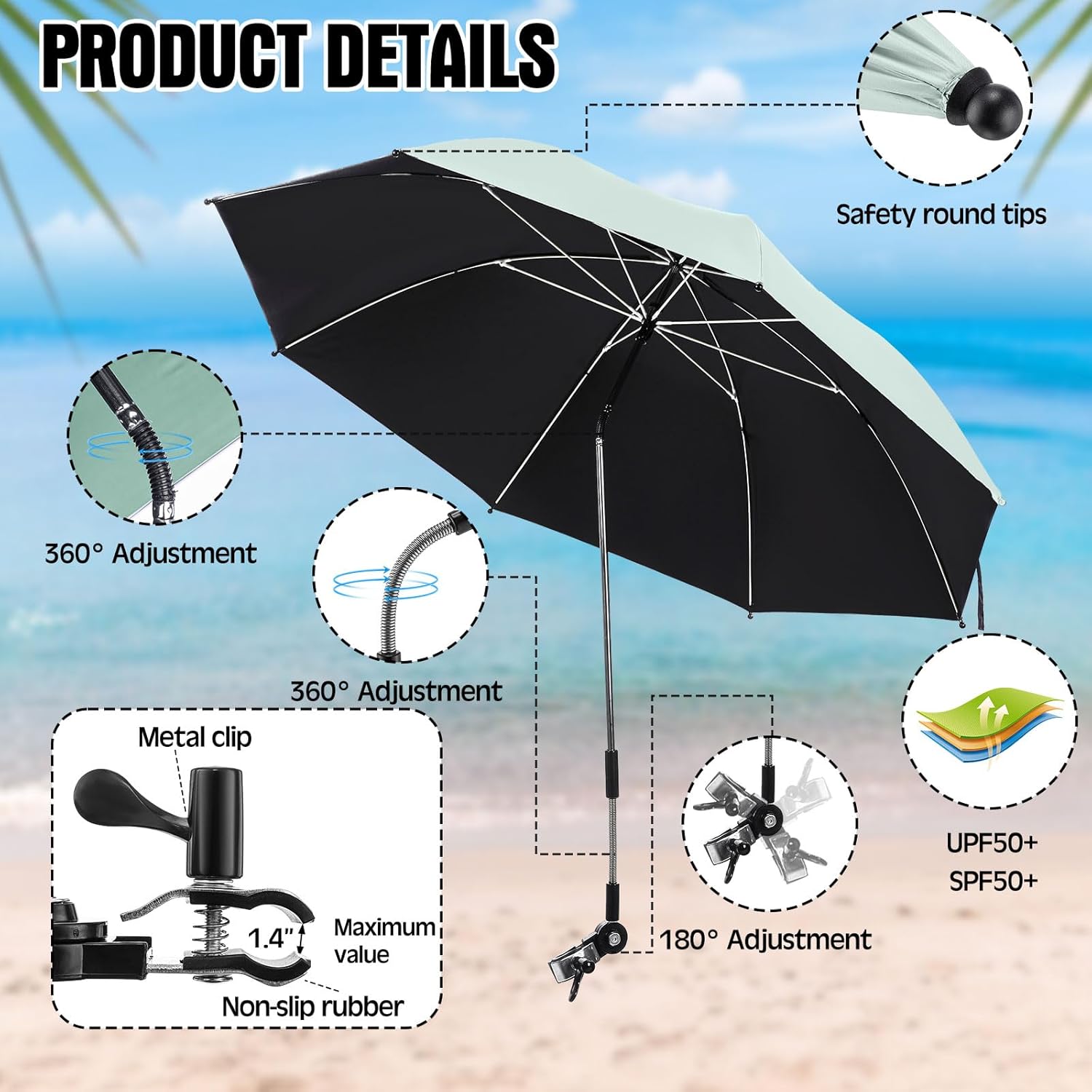 Talltalk 2 Pcs Beach Umbrella with Universal Clamp Adjustable Beach Shade UV Protection Chair Portable Outdoor Umbrella for Camping Patio Chairs Golf Carts