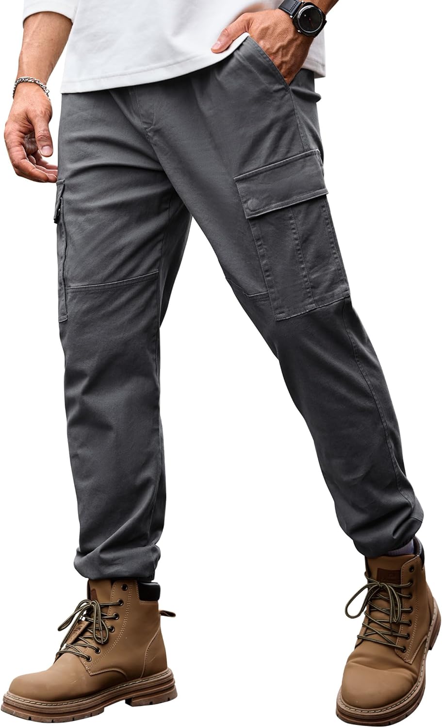 Men's Cargo Pant Elastic Waistband Washed Cotton Casual Drawstring Pocket Tapered Jogger (S-2XL)