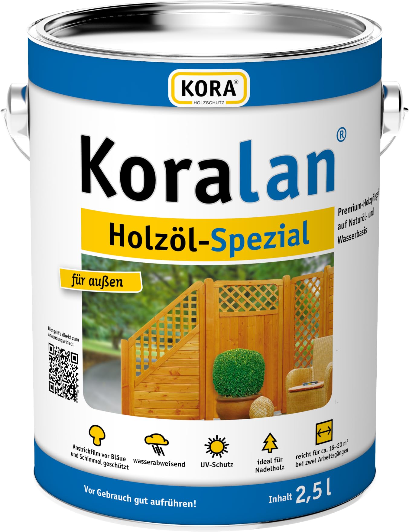 KORA® Koralan® Holzöl-Spezial außen – Premium Holzöl ideal für Nadelholz, z. B. Terrassen, Gartenmöbel & Holzfassaden – UV-Schutz, wetterfest, Schutz vor Vergrauung (Silbergrau, 2,5 Liter)
