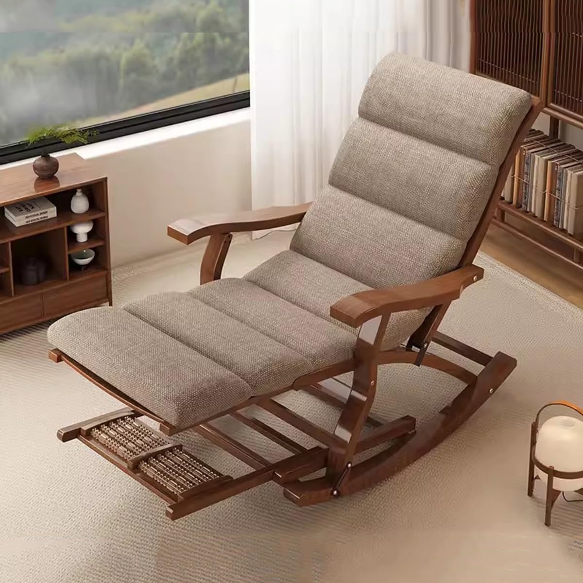 Drewniany Składany Fotel Bujany Leżaki Bujane Bambusowe Krzesło Ogrodowe Dla Osób Starszych, Krzesła Patio Podnóżek I Podłokietnik, Ergonomiczne Regulowane Oparcie (Color : Light Brown, Size : Walnu
