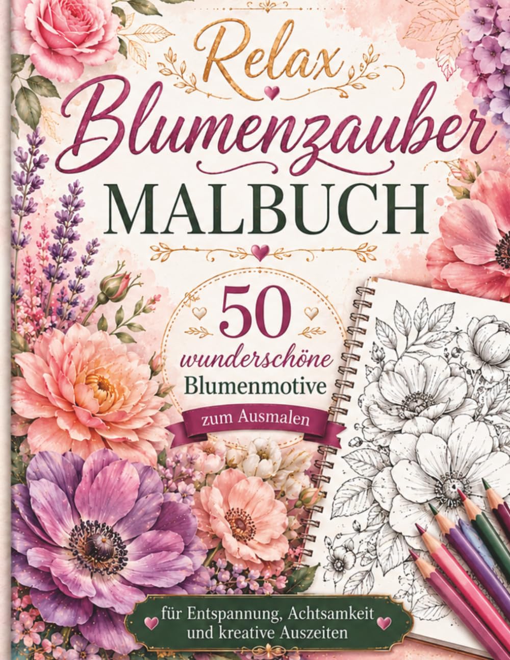 Relax Blumenzauber Malbuch: 50 wunderschöne Blumenmotive zum Ausmalen – für Entspannung, Achtsamkeit und kreative Auszeiten