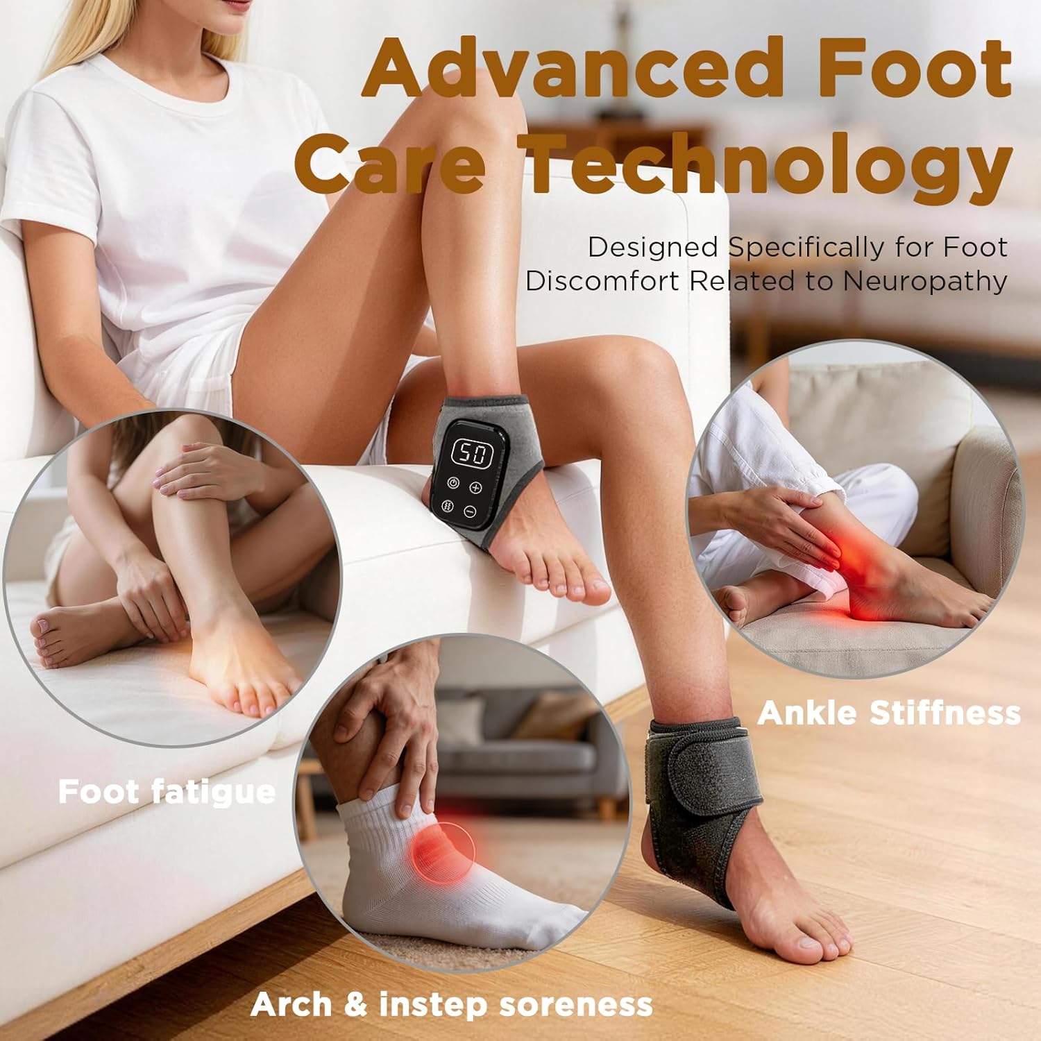 Foot Renew Massager for Neuropathy,4-in-1 Cordless & Portable Foot and Ankle Massager for Heel Warming Heating Pad Heated Brace Wrap With 5 Vibration Modes,4 Heat Levels,Portable for Home,2pcs,Grey