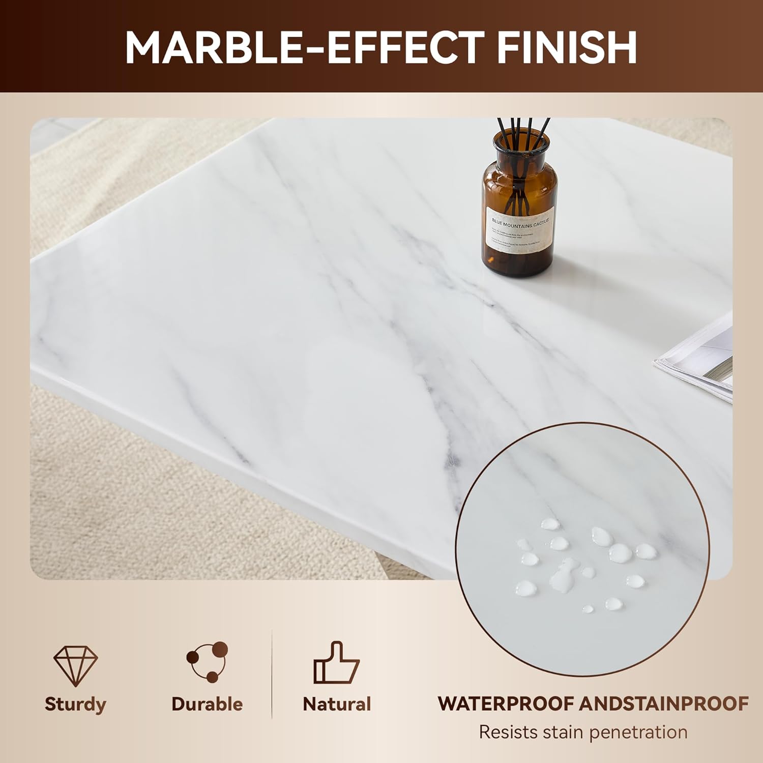 50.4" Coffee Table with Marble Top, Modern Rectangular Faux Marble Coffee Table with Silver Stainless Steel Base, Luxury White Cocktail Center Tea Table for Living Room