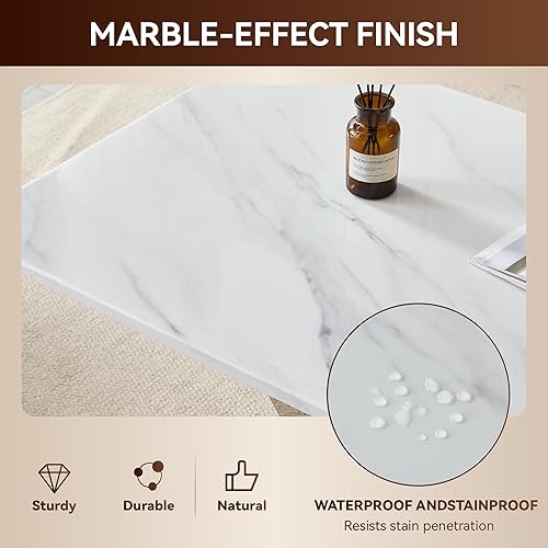 Miniatura 6 de Mesa auxiliar moderna de 50.4 pulgadas, mesa central de mármol sintético blanco con base de acero inoxidable en forma de U plateada, mesa de cóctel