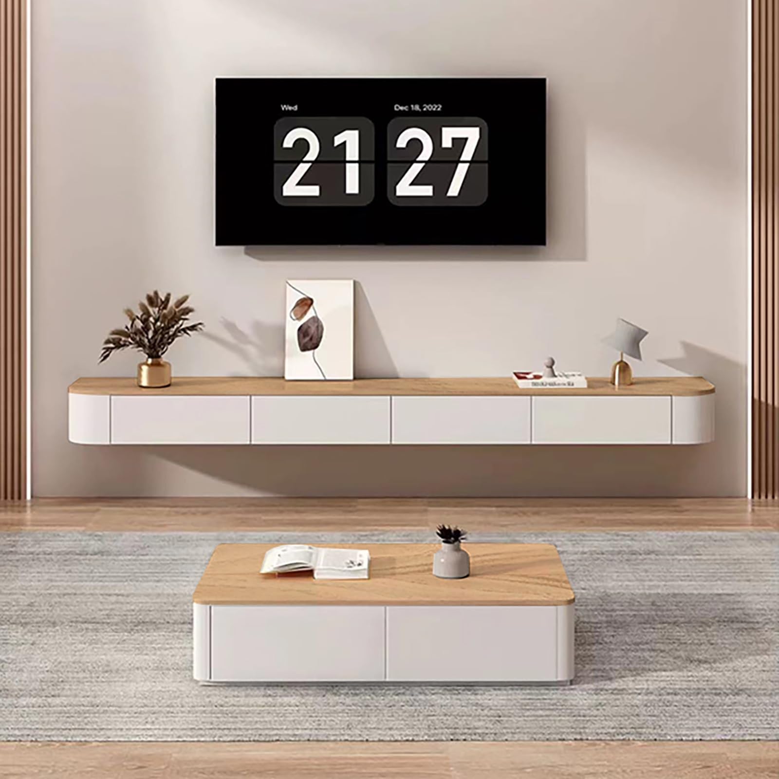 Mobile TV Sospeso A Parete In Legno Con Ante A Ribalta E Cassetti, Mobile Porta TV Per Soggiorno, Console Multimediale Per Lettore DVD, Decoder, Console Per Videogiochi(200x24x20cm)