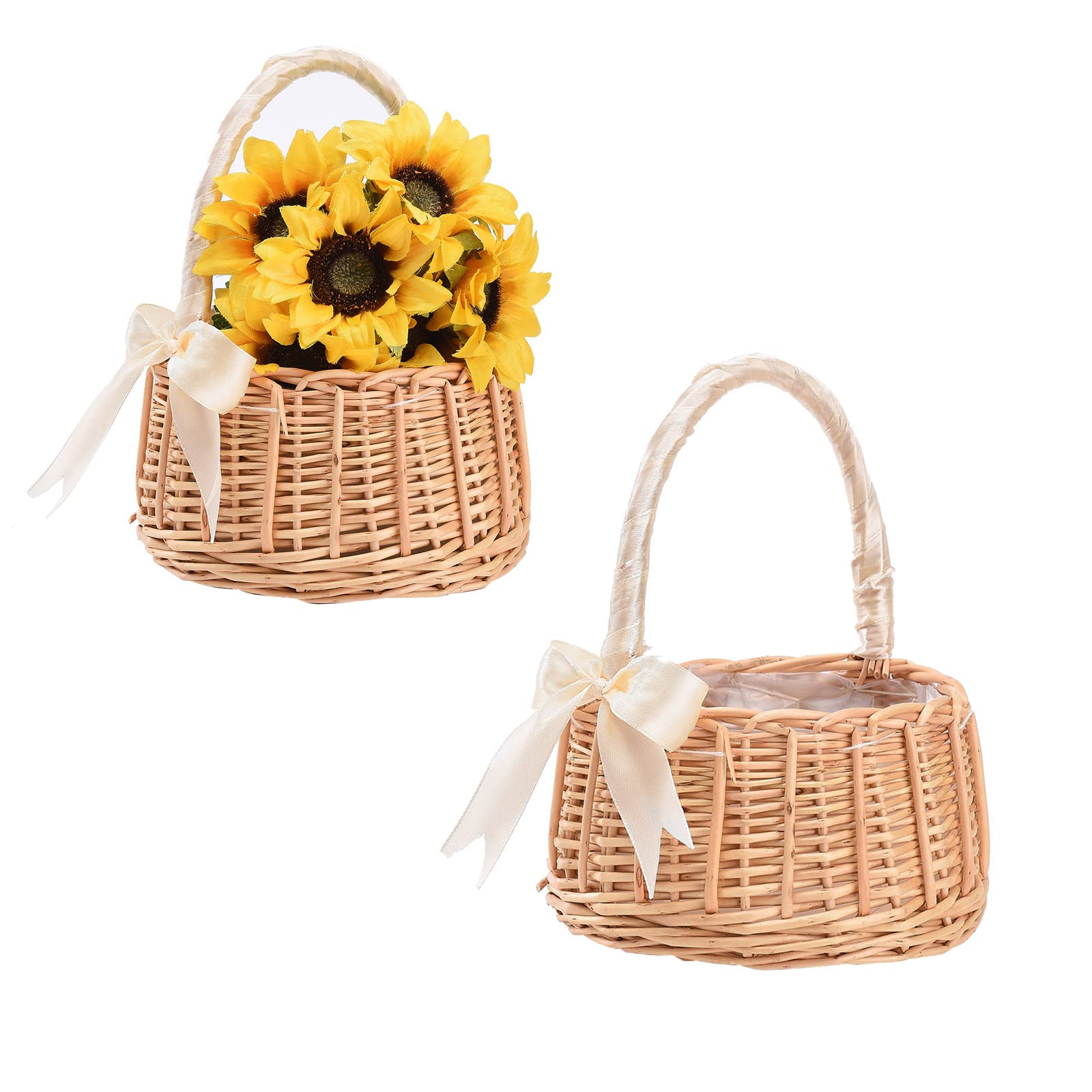 ZCFGUOI - 2 cestini per fiori intrecciati a mano, in rattan, per matrimoni, damigelle, con manici e nastro, per matrimoni, feste di Pasqua
