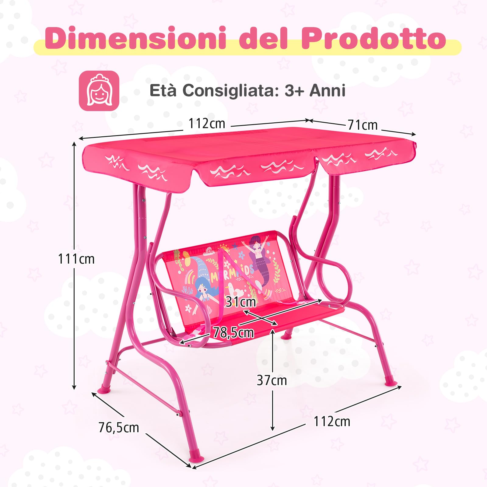 COSTWAY Altalena da Esterno per Bambini, Panchina a Dondolo a 2 Posti con Struttura in Metallo, Tetto Regolabile e Cinture di Sicurezza, per Bambini 3+Anni, Portata 80 kg (Rosa)