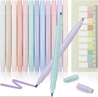 Tesmien Pastel Highlighters, 12 Pack Mild Colours Double Ended Highlighter Pens, Aesthetic Cute Markers No Bleed With Chisel Tip +10 color Sticky Notes for Bullet Journal, Bible, Notes, School,B