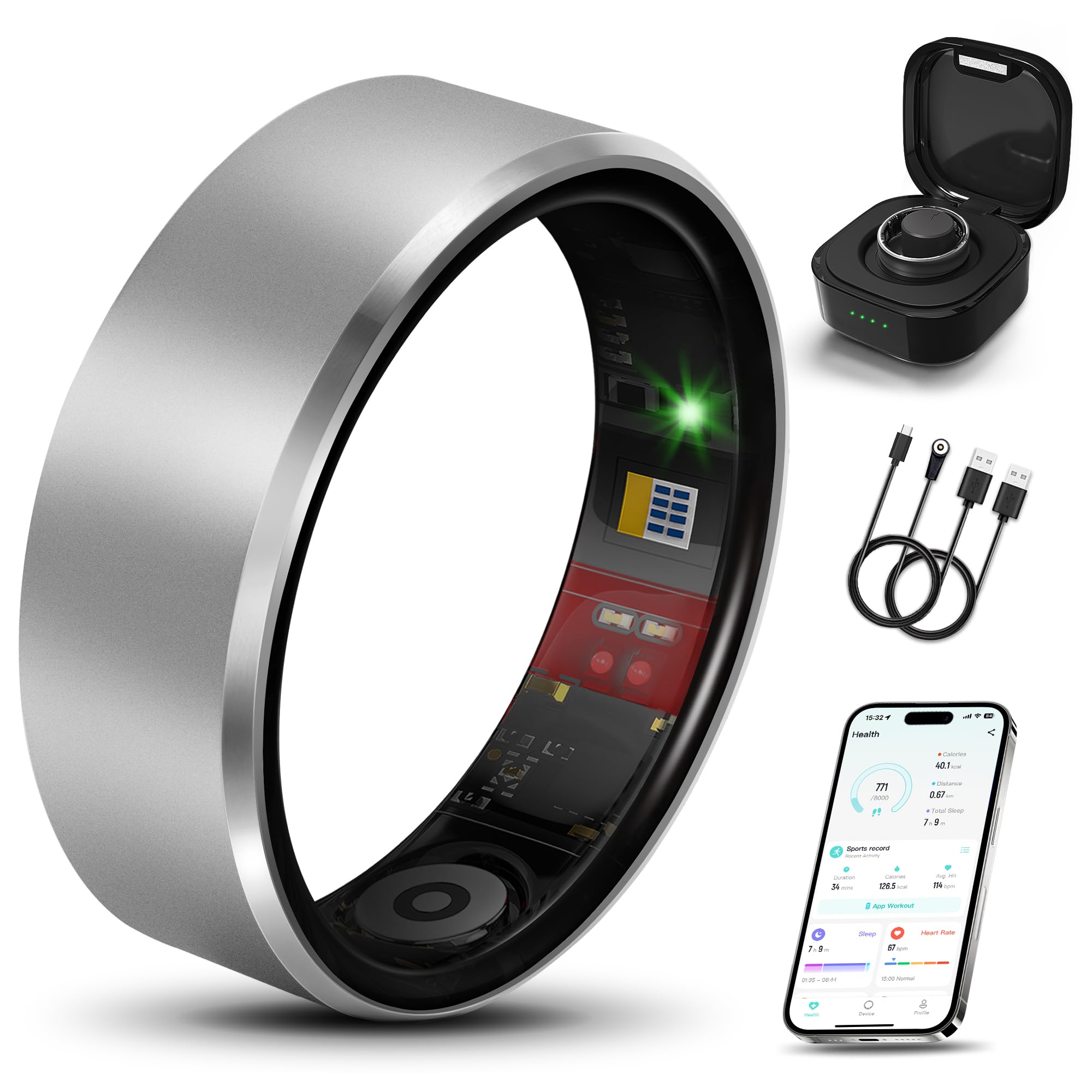Smart Health Ring 2.0 per donne e uomini, design sottile resistente a graffi e impronte digitali, efficiente chip fitness tracker, monitora cuore, ossigeno nel sangue e pressione, sonno, passi