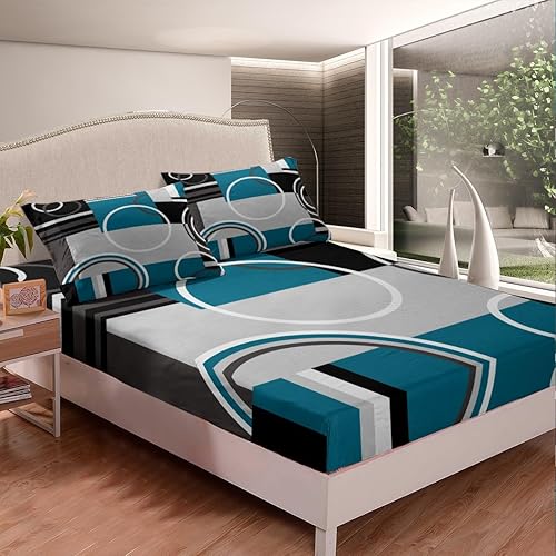 Miniatura 3 de Erosebridal Juego de sábanas modernas de decoración turquesa, gris, negro, azul, rayas, geométricas, tamaño queen, retro, círculo, espirales, juego