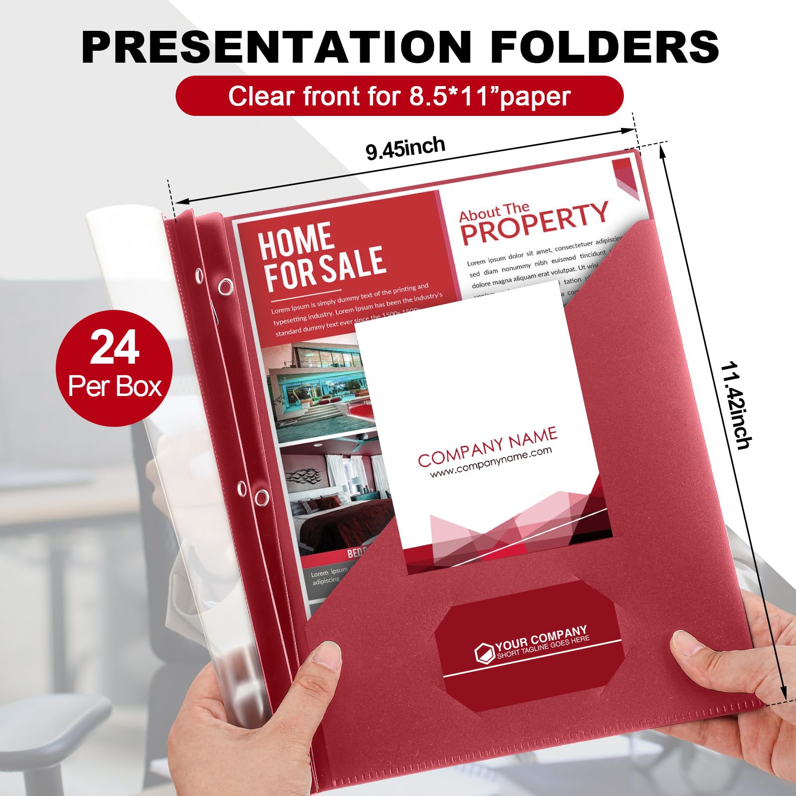 Teling Transparente Berichtsmappen mit 3 Zinken, Kunststoff-Präsentationsmappen, Kapazität 90 Blatt, für Schule, Büro, Dunkelrot, 24 Stück
