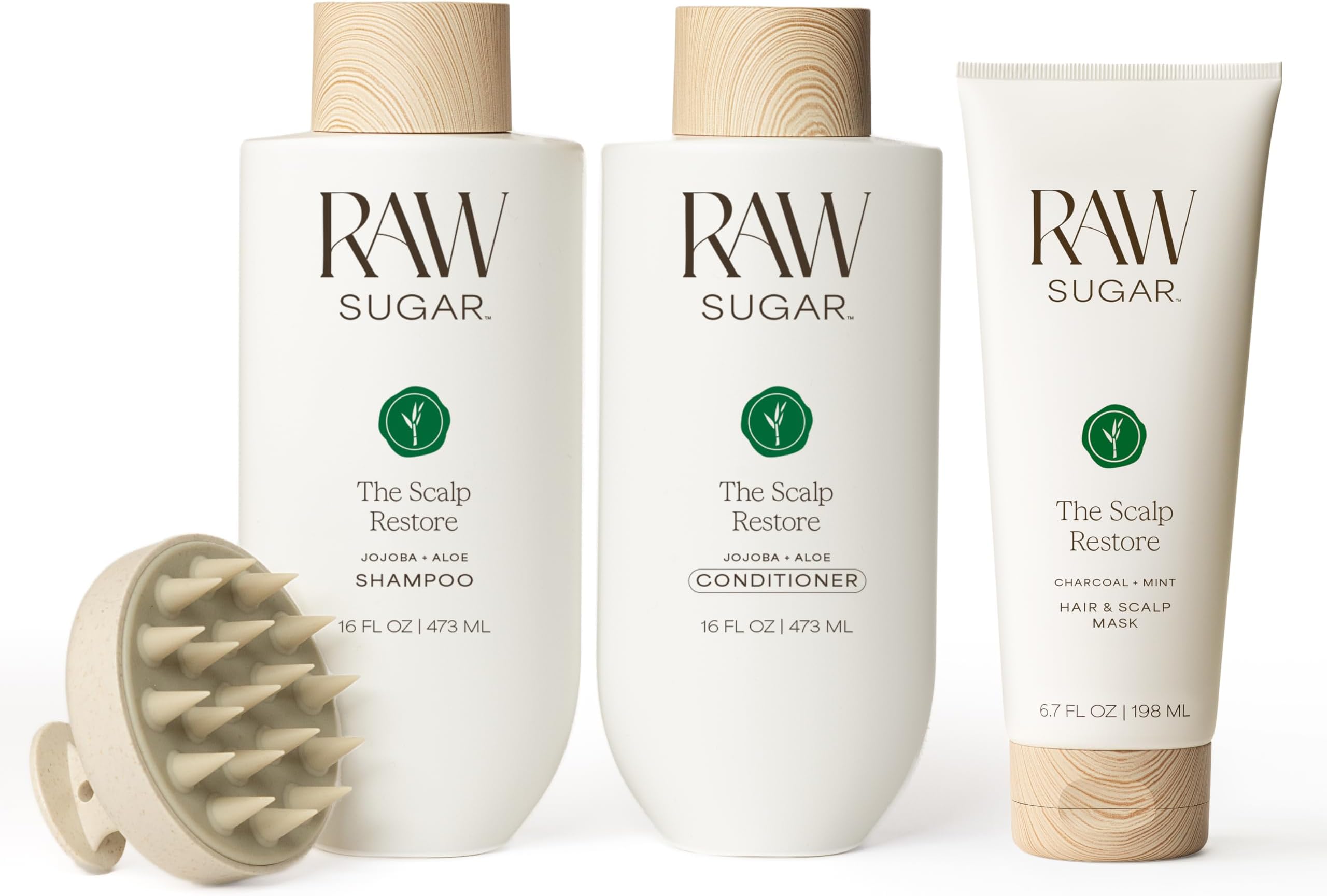 Raw Sugar Dry Scalp Treatment & Hair Care Bundle (4 Products) Intensive Ritual At Home Spa Kit, Shampoo, Conditioner, Hair Mask & Massager, Formulated without SLS/SLES & Parabens