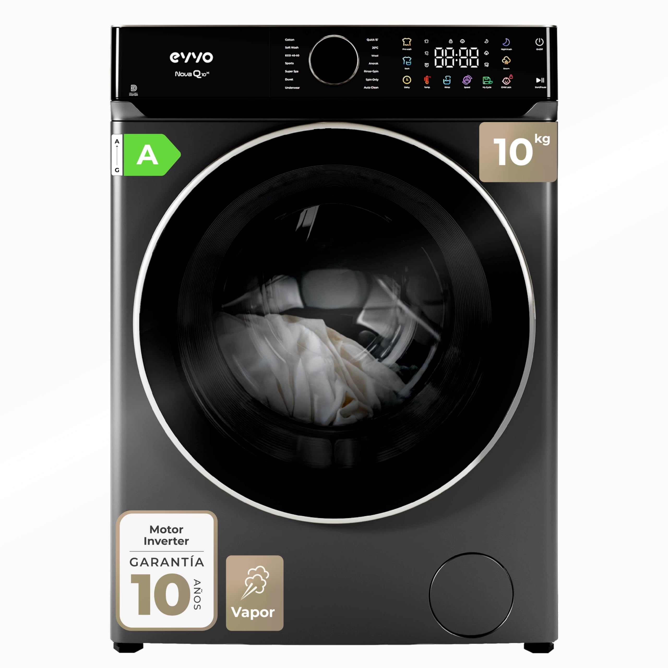 EVVO Lavadora Carga Frontal NOVA Q10X - Lavadora 10Kg, Motor Inverter eDRIVE, 1400 RPM, Efic. Energética A, Función Vapor, Tambor ePROTECT, Muy Silenciosa, Gran Pantalla Táctil, 14 Programas, Inox Etiqueta Energética