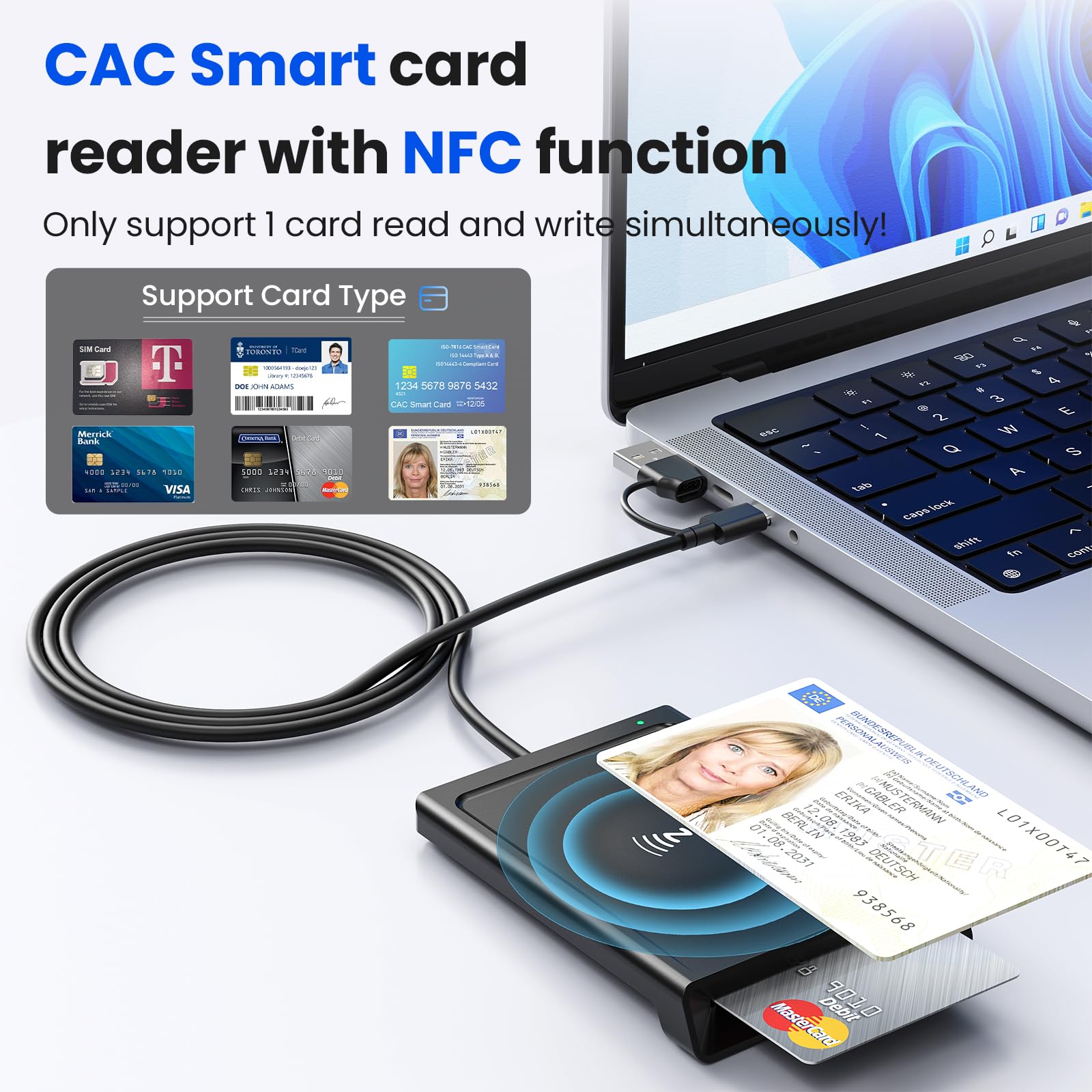 Lector de tarjetas NFC y lector de tarjetas inteligentes 2 en 1
