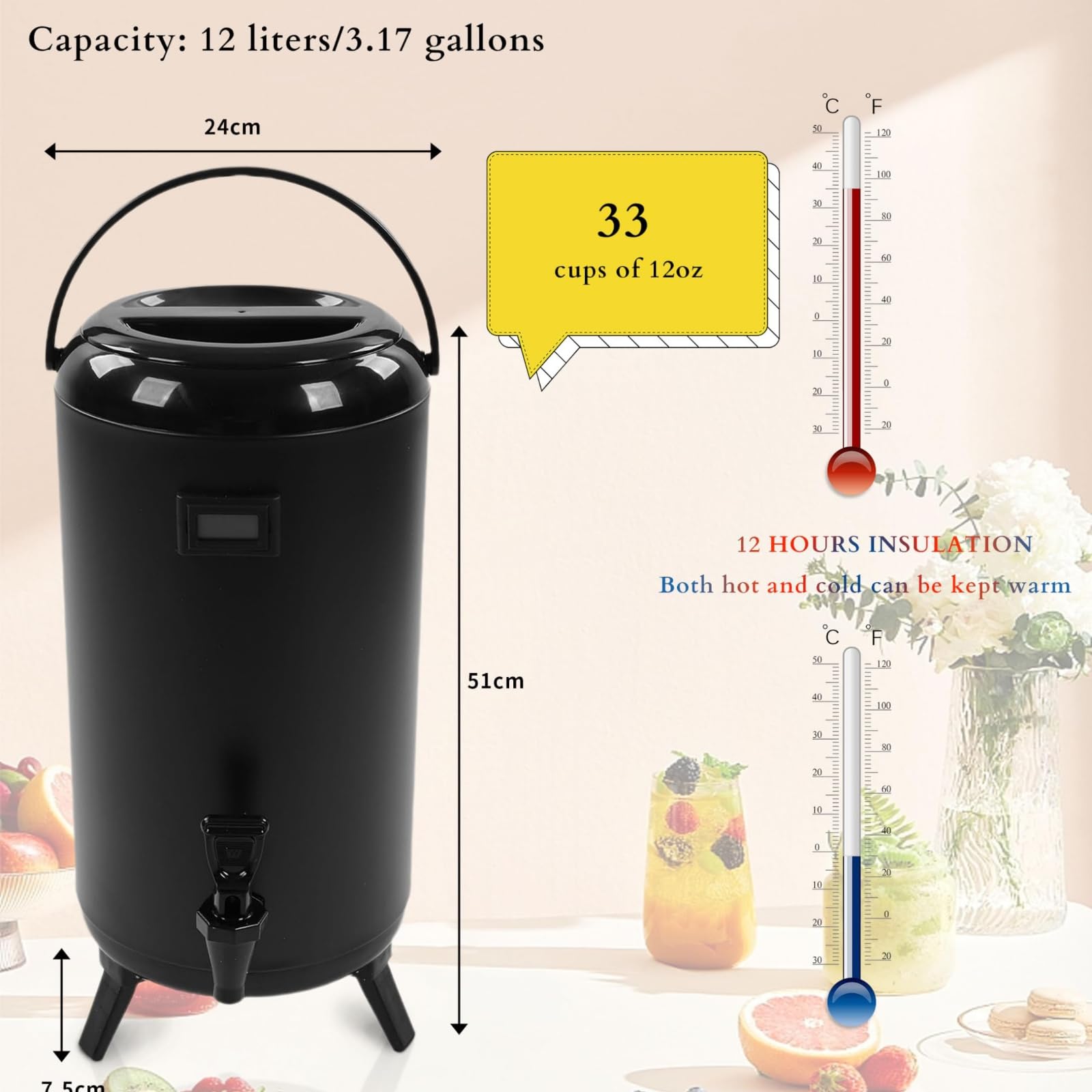 dispensador de bebidas calientes， Dispensador de bebidas calientes, Dispensador térmico aislado de bebidas frías y calientes con termómetro, Dispensadores de bebidas heladas de 12 litros, Dispensador
