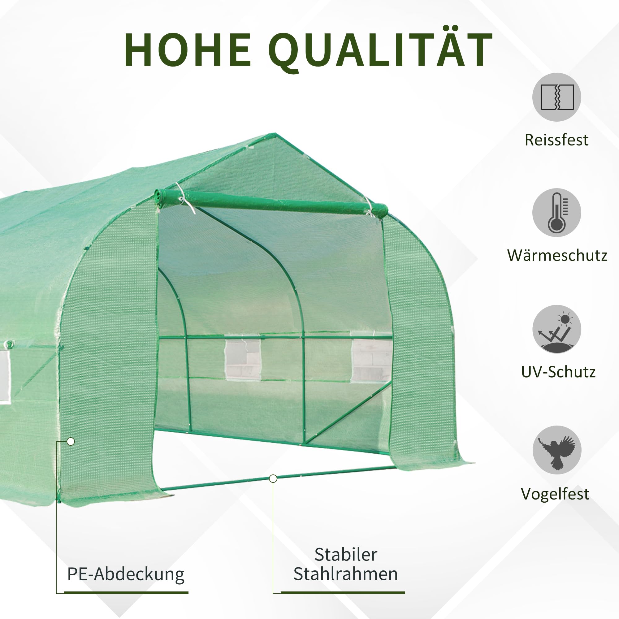 Outsunny Gewächshaus mit Rollbar Reißverschlusstür Foliengewächshaus 6x3x2m | Folientunnel mit 8 Netzfenster Stützstangen UV-beständig Winterfest Tomatenhaus, Grün
