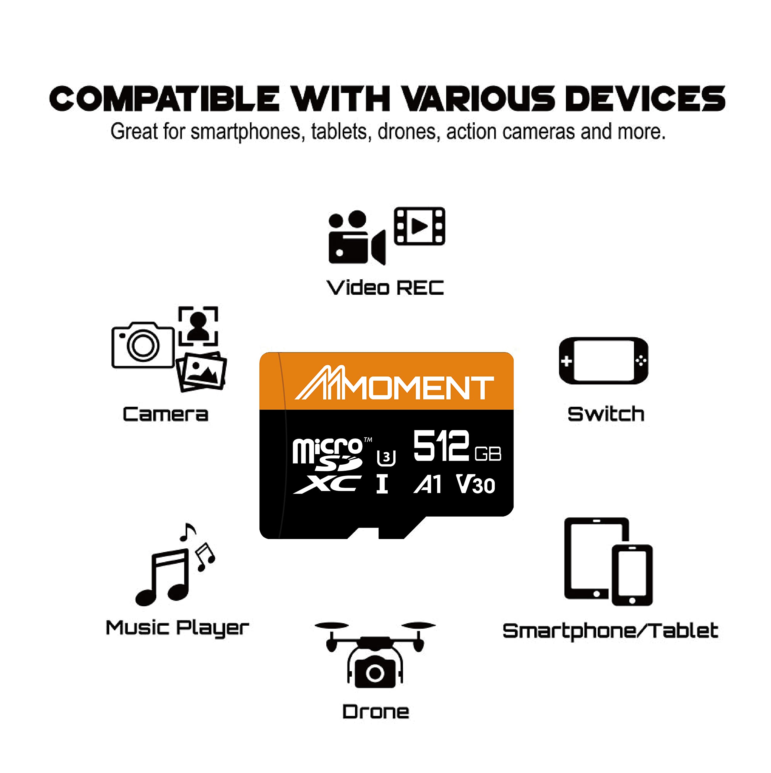 MMOMENT Carte micro SDXC 512 Go, A1, V30, UHS-I, U3, compatible classe 10, vitesse de lecture jusqu'à 95 Mo/s, vitesse d'écriture jusqu'à 70 Mo/s, adaptateur SD inclus