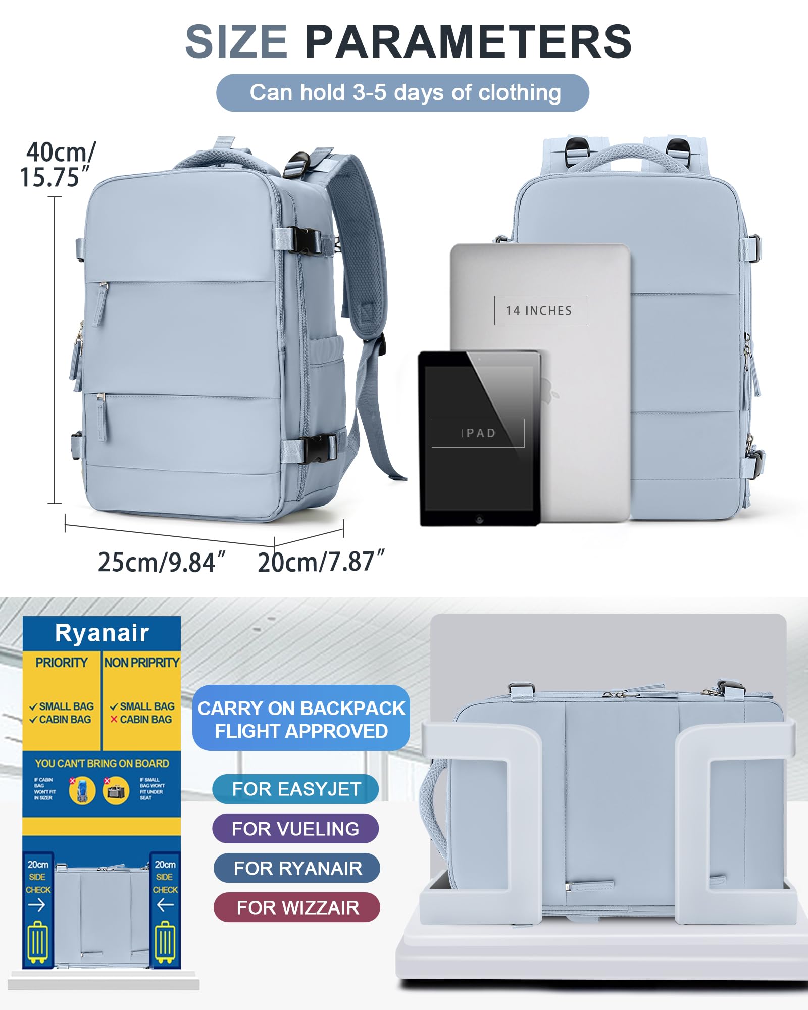 BJLFS Borse da Cabina per Ryanair 40x20x25 Bagaglio a Mano Zaino Borsa Zaino da Viaggio, Zaino da trekking,Zaino Easyjet 45x36x20,Zaino Casual per laptop da 14 pollici per scuola