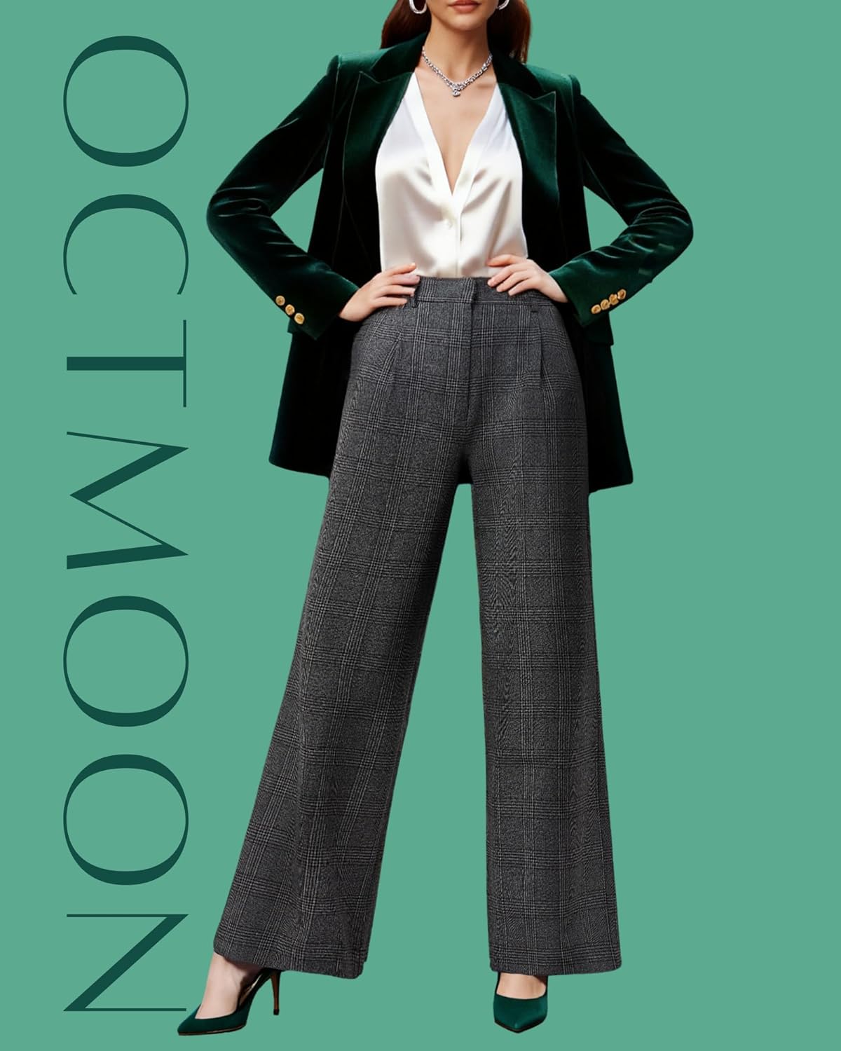 OctMoon Women's High Waisted Wide Leg Palazzo Pants – Extra Long Flowy Trousers for Tall Women with Classic Plaid Pattern