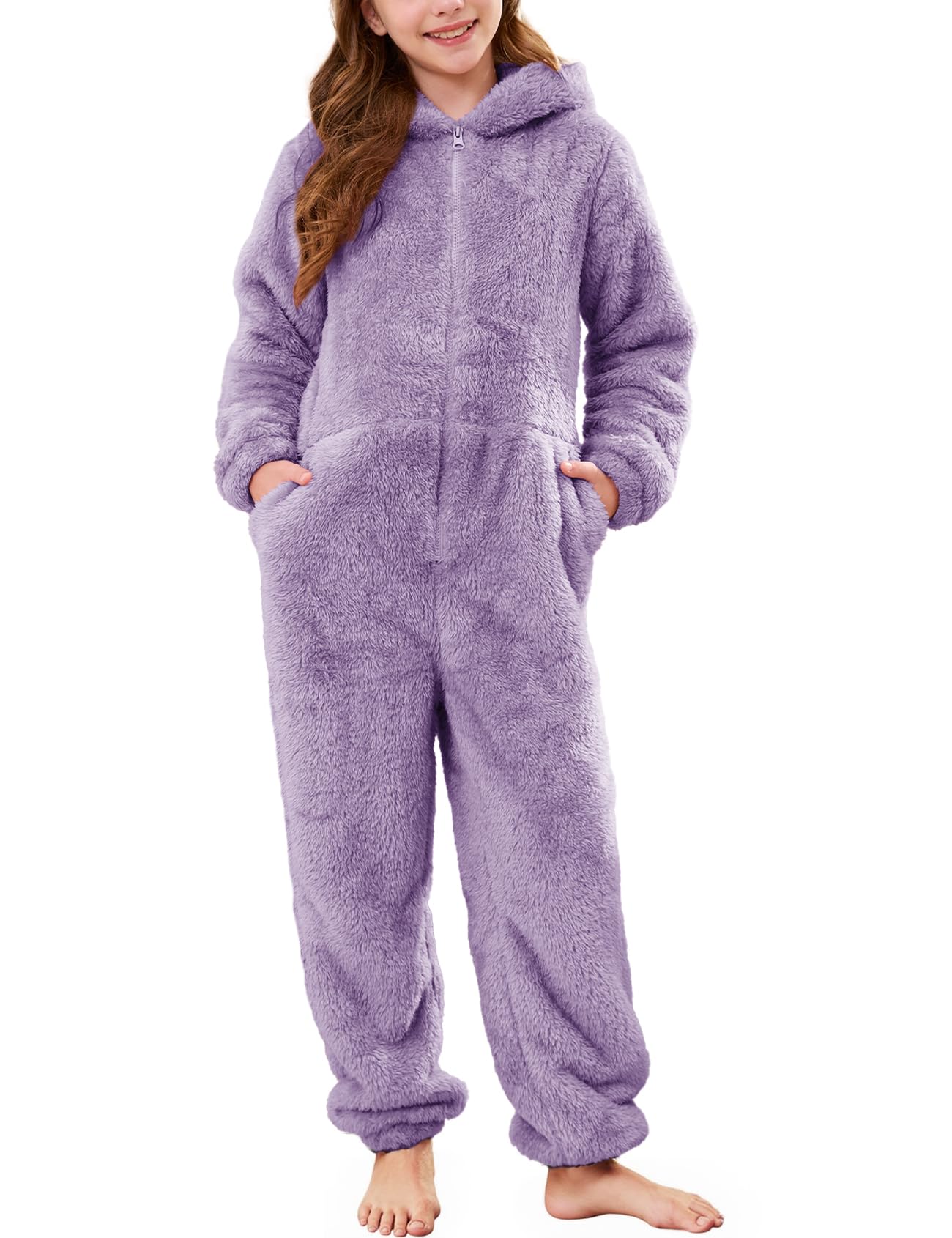 Flygo Girls Fleece Hooded Jumpsuit Fuzzy Winter Onesie Romper Costume