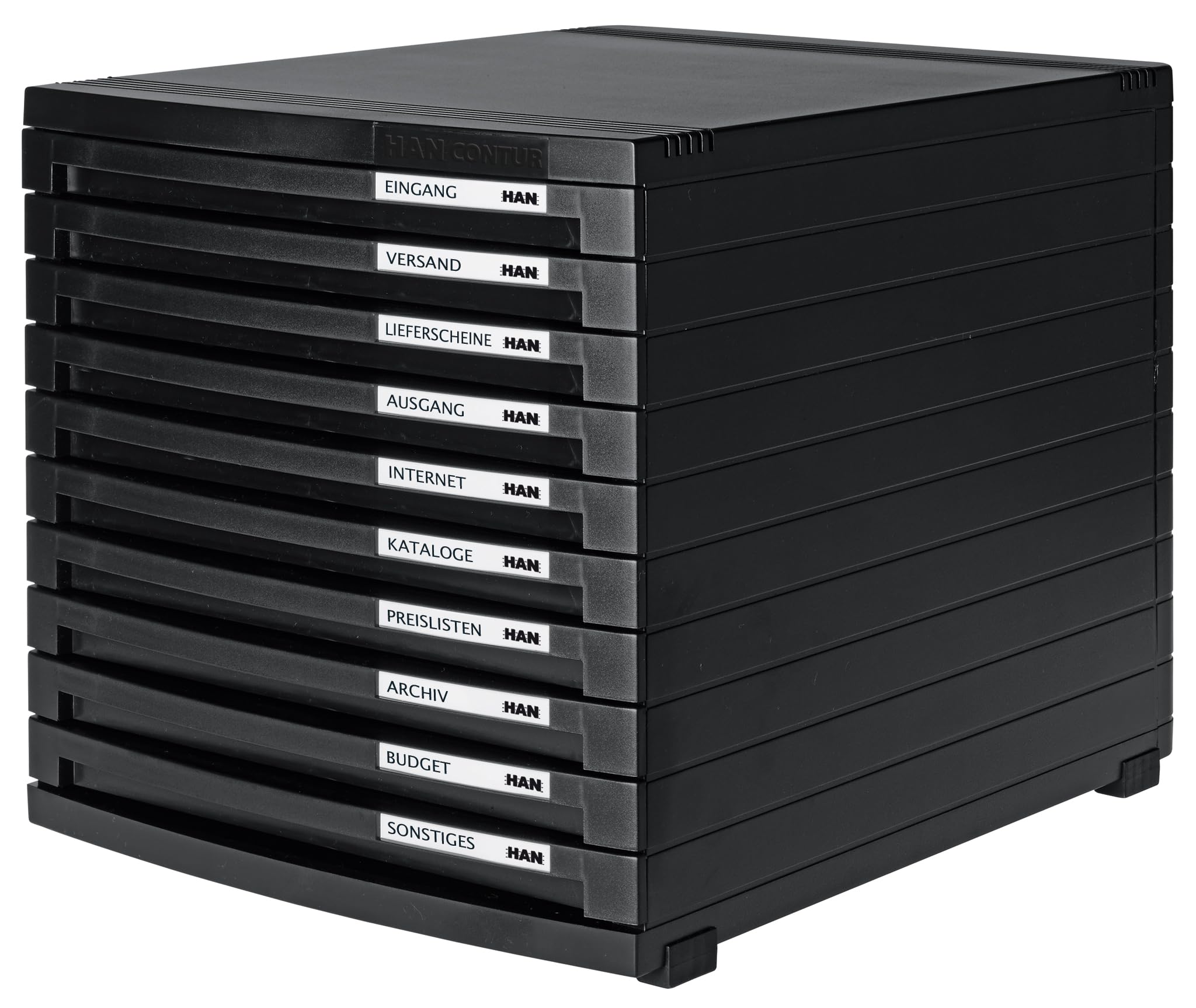 HAN Module à tiroirs CONTUR – système de classement moderne et modulaire, extensible, avec 10 tiroirs fermés pour documents jusqu´au format B4, noir, 1510-13