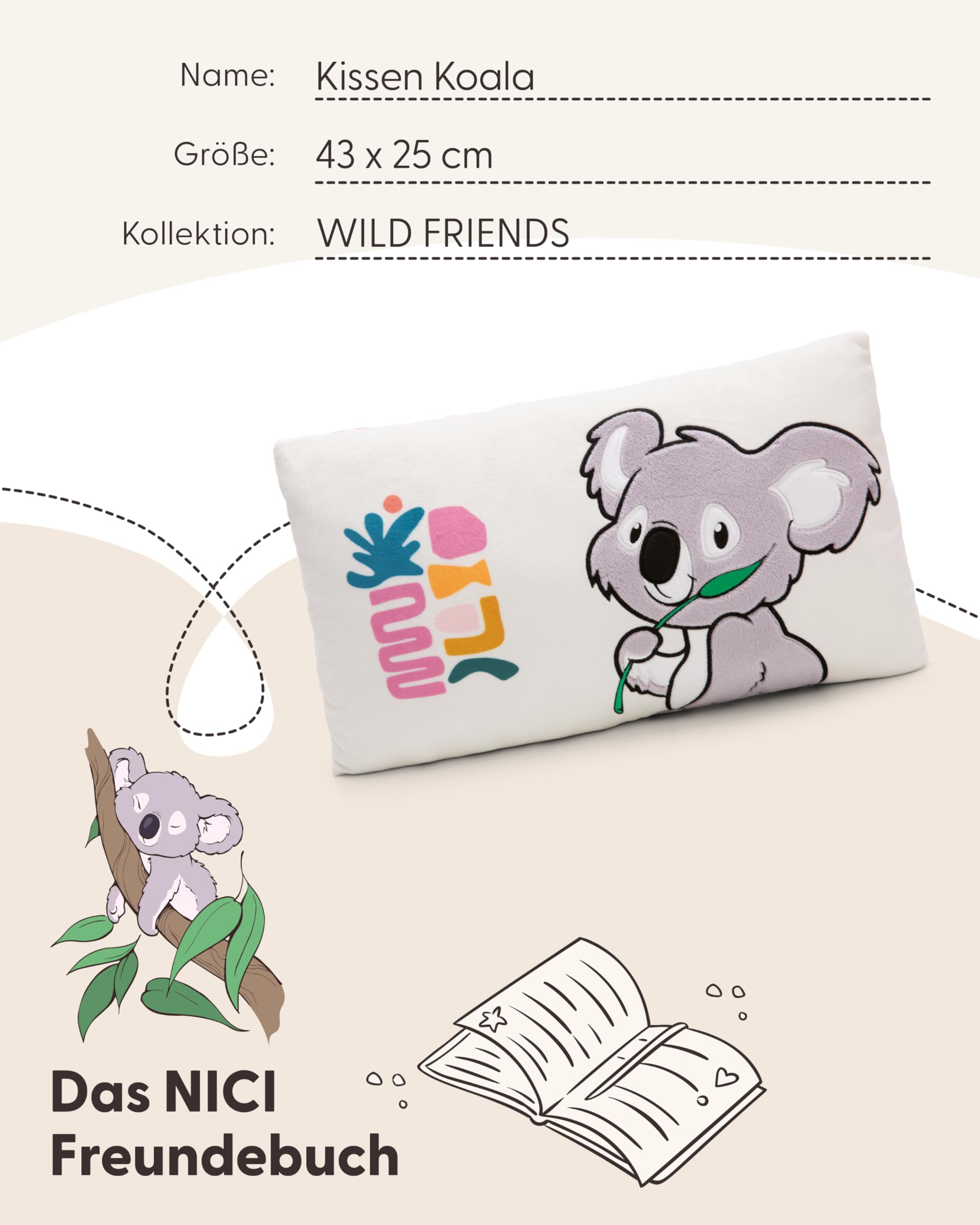 NICI Kissen Koala 43x25cm - beige - Flauschiges Kuscheltierkissen für Jungen, Mädchen, Babys und NICI Kuscheltierliebhaber, Kuschelkissen für Zuhause, Kindergarten oder unterwegs - 61728
