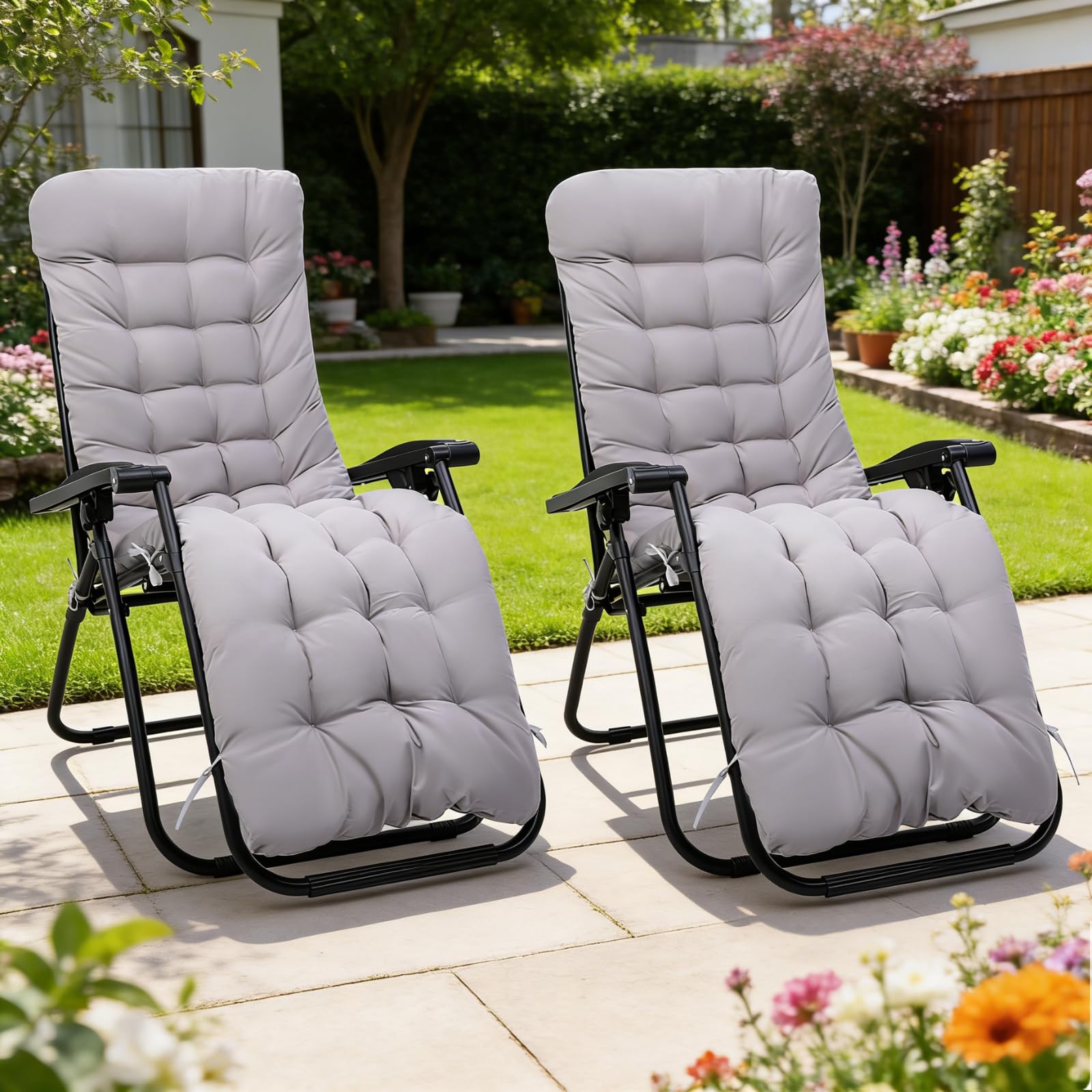 Lot de 2 coussins pour chaise longue - 170 x 53 x 8 cm - Épaisseur : 170 x 53 x 8 cm - Pour chaise longue - Avec cravate - Pour vacances, extérieur, chaise longue - Gris
