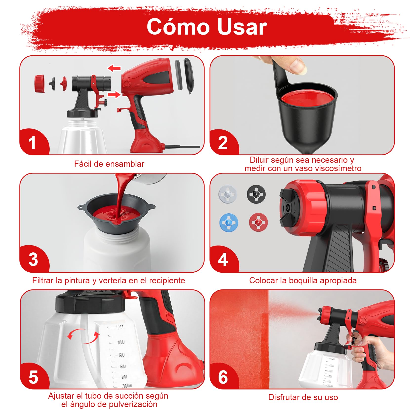 Pistola Pintura, 650W Pistola de Pintura, Pistola Pintura Electrica con Tanque de 1200ML, Pulverizador de Pintura con 4 Boquillas & 3 Modelos, Pistola para Pintar Paredes y Techos, Muebles, DIY