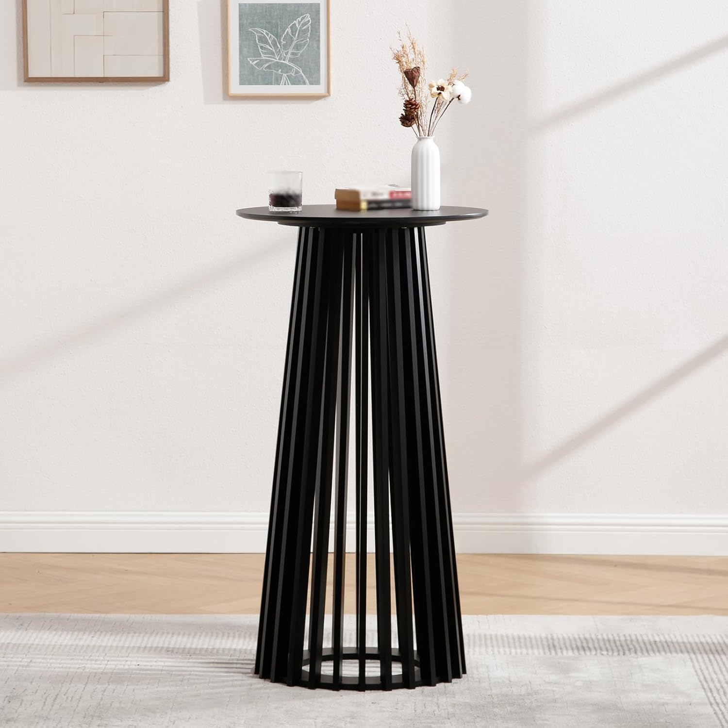 DUOMAY Black Round Bar Table, 43.5" High Wood Bar Table with Stylish Geometric Base, Modern Style Cocktail Tables for Parties, Kitchen, Dining Room, Coffee Shop