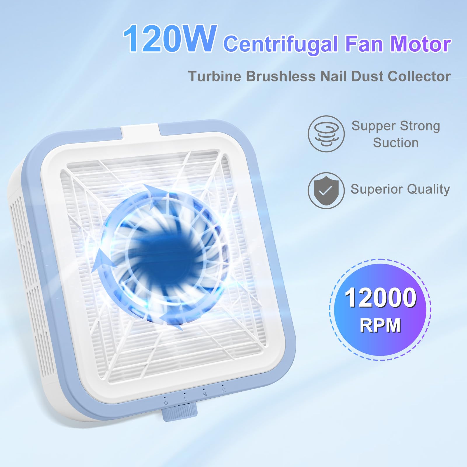 CGBE Extractor de Polvo de Uñas, 120W Extractor de Polvo de Uñas con 2 Filtros Potente Extractor Profesional de Polvo de Uñas y Aspirador Doméstico. (WL007) (Blue)